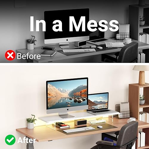 Miniatura 5 de Soporte elevador para monitor, 31.5 pulgadas de madera ligera LED con patas acrílicas ajustables, accesorios de escritorio, soporte organizador de