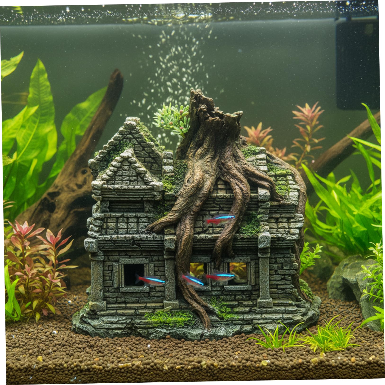Realistico Castello ad arbusto per Acquario con Grotta – Grandi Decorazioni per Acquario, Ornamento in Resina Dipinto a Mano per Pesci Betta e gamberetti Che nascondono e Giocano