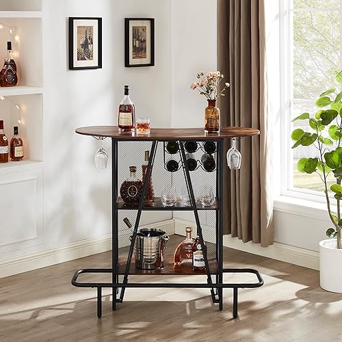 Miniatura 7 de VECELO Unidad de bar con malla de metal frontal mesa de vino de 3 niveles con soporte para vasos licor doméstico con almacenamiento y reposapiés