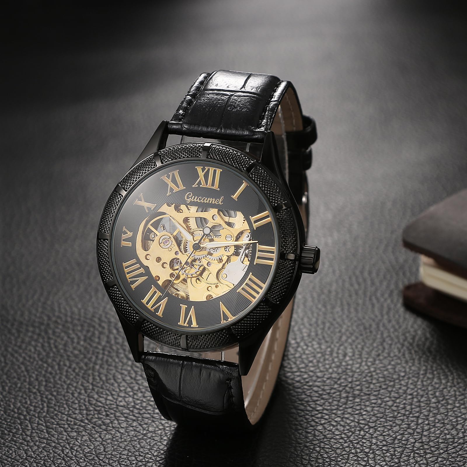 JewelryWe Reloj Mecánico Automático Hombre: Reloje de Pulsera Vestir Retro Correa de Cuero Escala de Números Romanos Punteros Luminosa - para Regalo