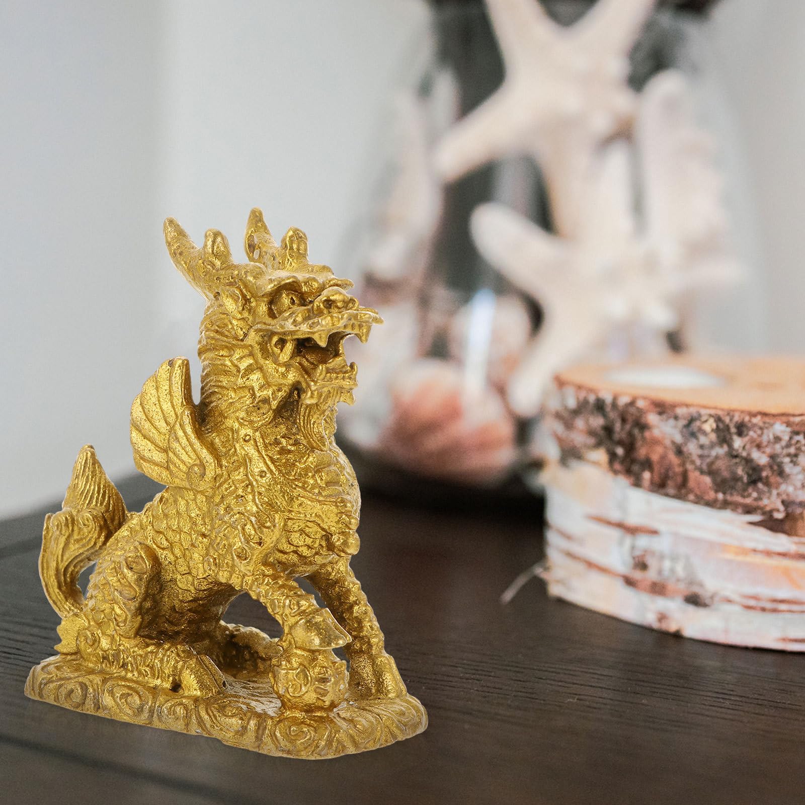 Adorno Kylin de Latón Dorado para Escritorio, Estilo Chino