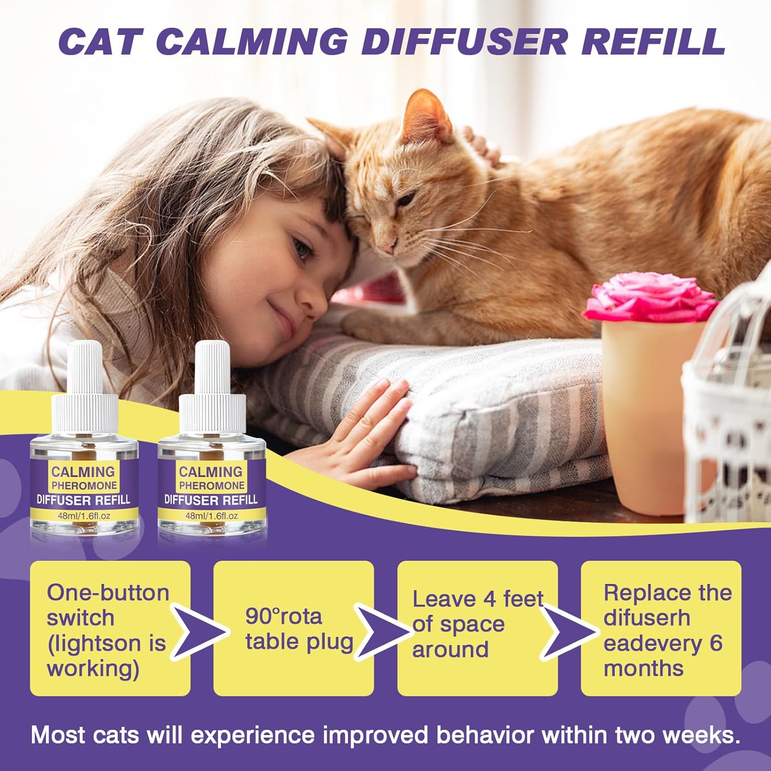 Cat Calming Diffuser Refills, 8 Pack Pheromones for Cats Refill Long-Lasting 240-Day Supply Pheromone to Calm Cat Soothing Anxiety Stress 48 ml/Bottle Compatible with Most Diffusers Plug in