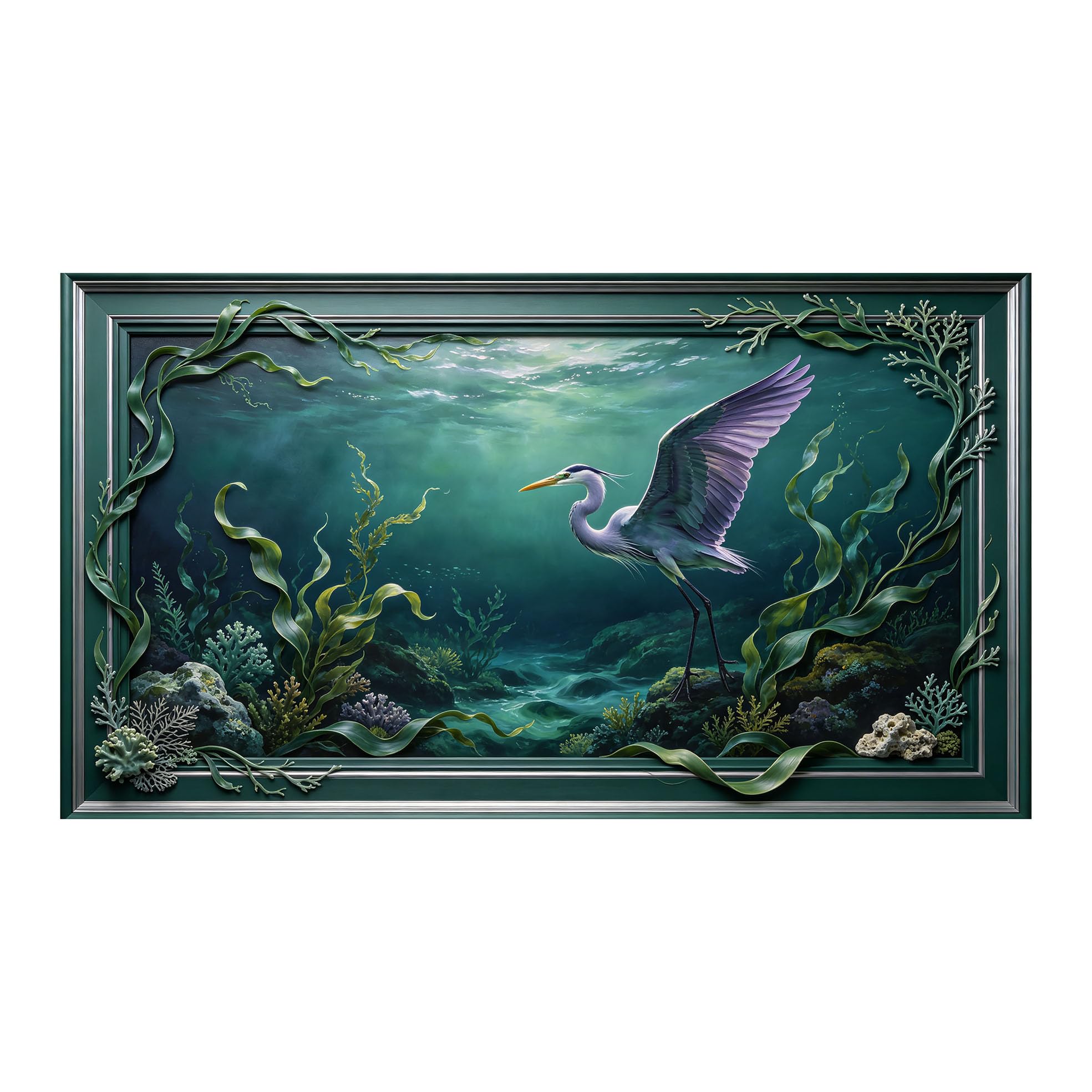 Yzpallescene 3D 3D Framed Wall Art 50cm×90cm Ocean Seascape Heron Marine Watercolor Large Size SelfAdhesive Removable Wall Decor Prints Artwork for Living Room Bedroom Office