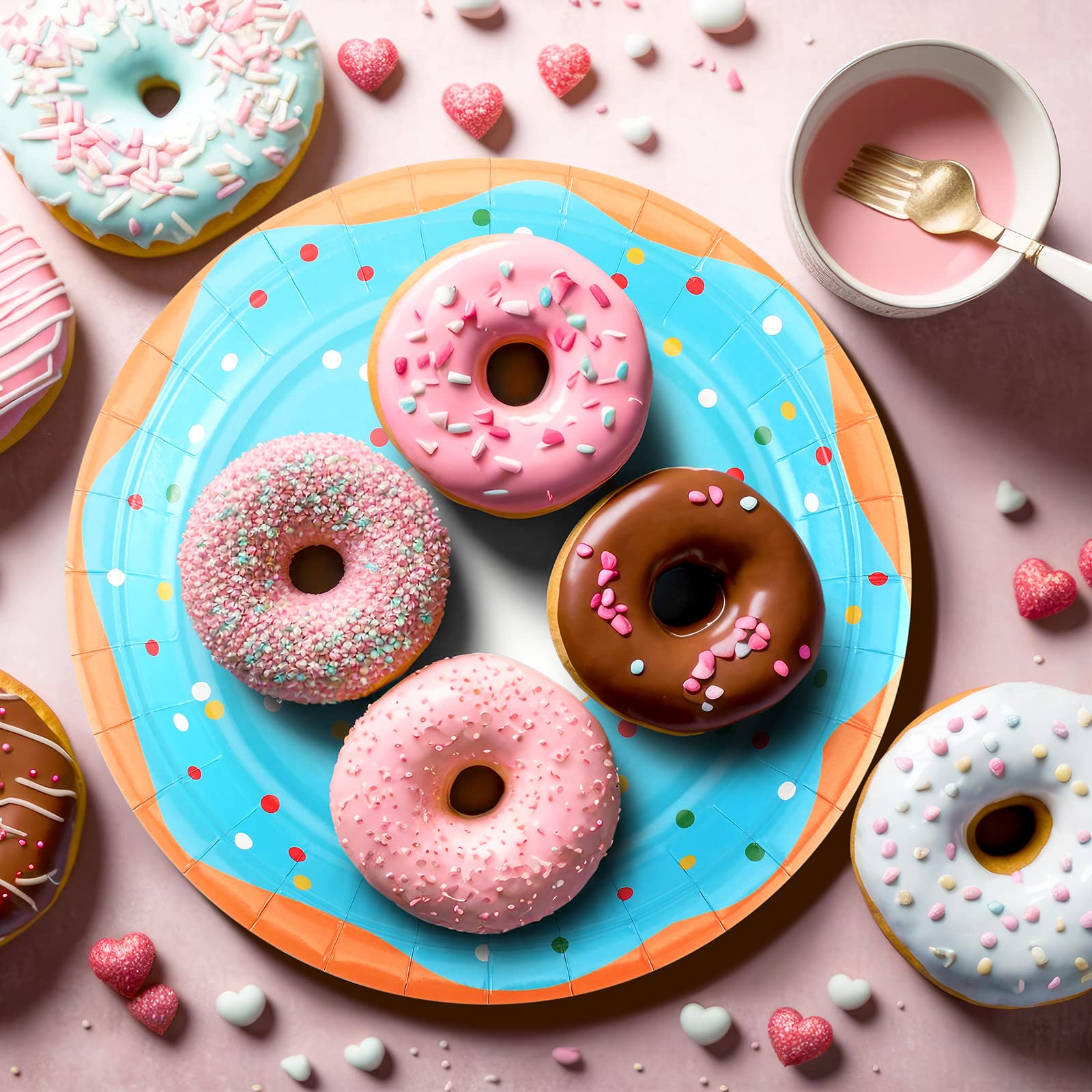 Huwena Donut-Pappteller, 17,8 cm, Einweg-Donut-Partyteller, bunt, niedliche Donut-Serviertabletts, Donut-Snack-Platte für Donut-Thema, Geburtstag, verschiedene Donut-Designs, Partyzubehör