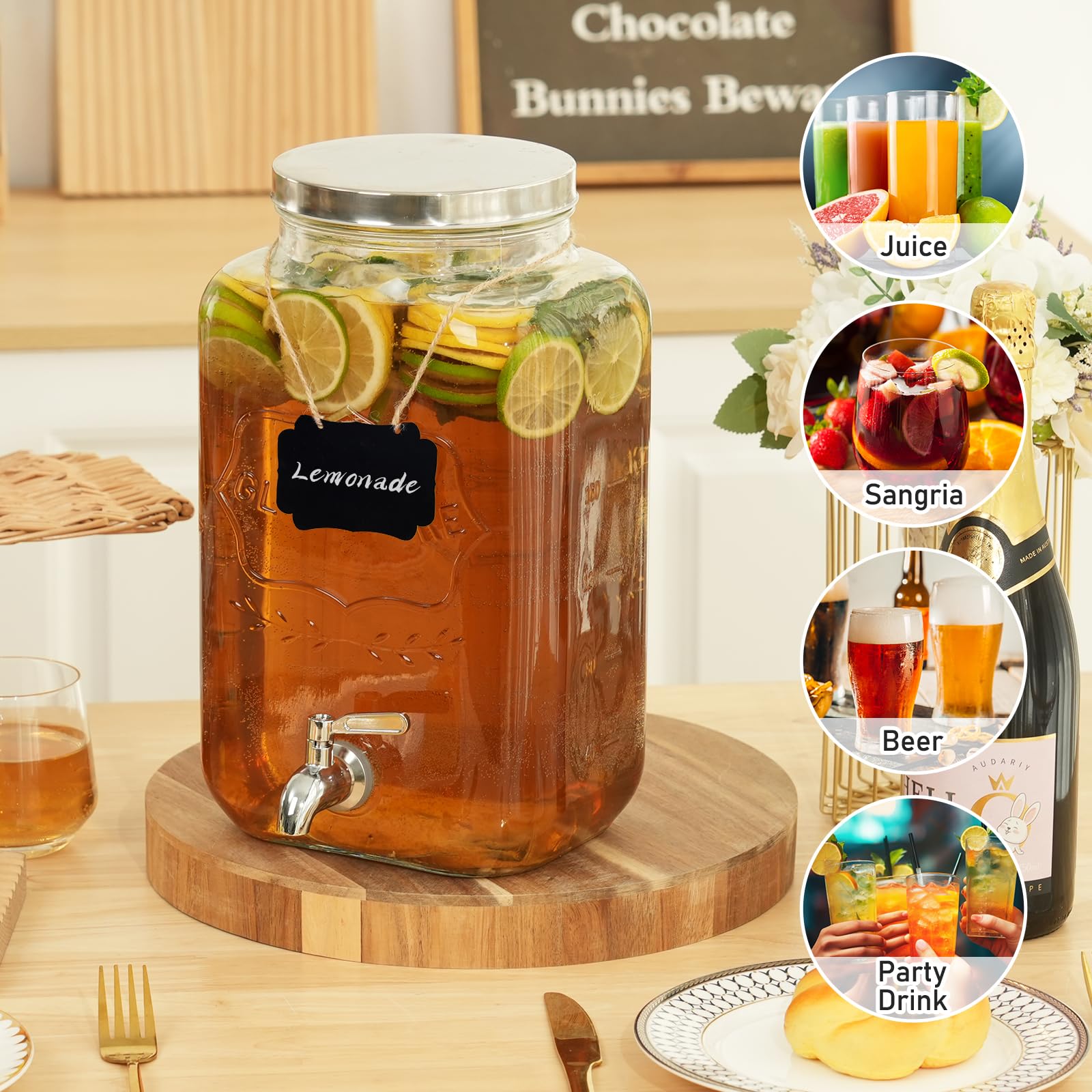 Moretoes Dispensador de bebidas de vidrio para fiestas, dispensador de bebidas de 2 galones para jugo y té helado, dispensador de jarra de agua para limonada, jarra de bebidas esencial para fiestas