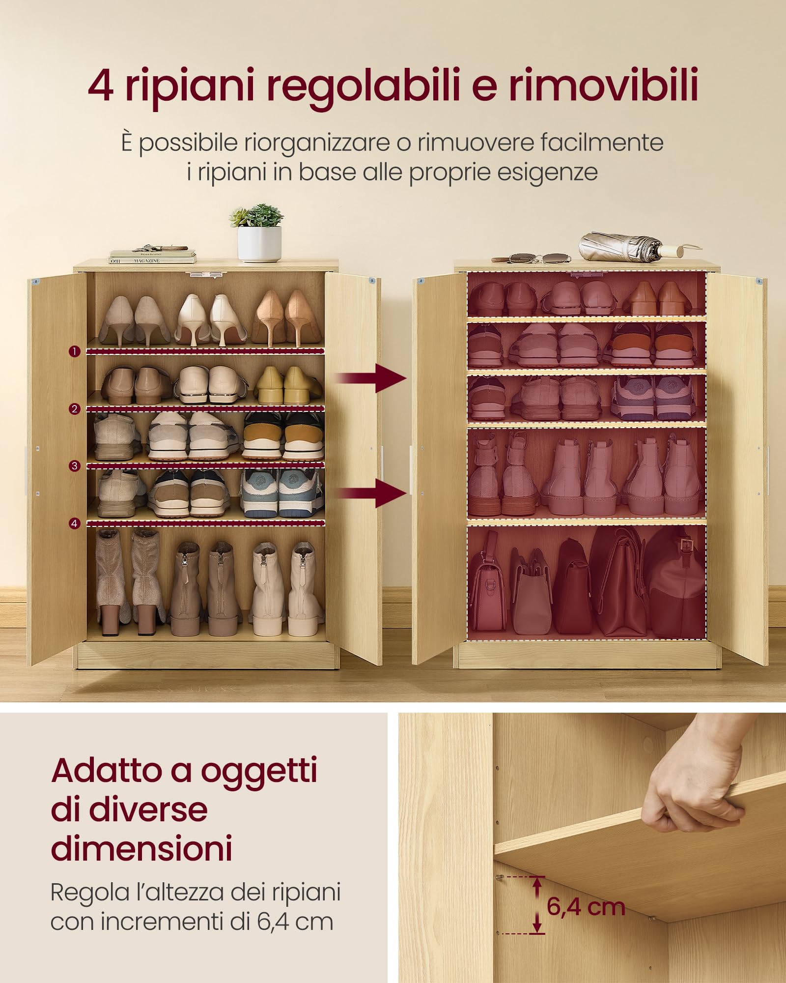 VASAGLE Scarpiera Armadio con Ante, Scarpiera da Ingresso Moderna con Ripiani Regolabili, Mobile Portascarpe Slim, 5 Ripiani, per 12 a 15 Paia di Scarpe, 2 Ante, Beige Rovere HSC501YJ01