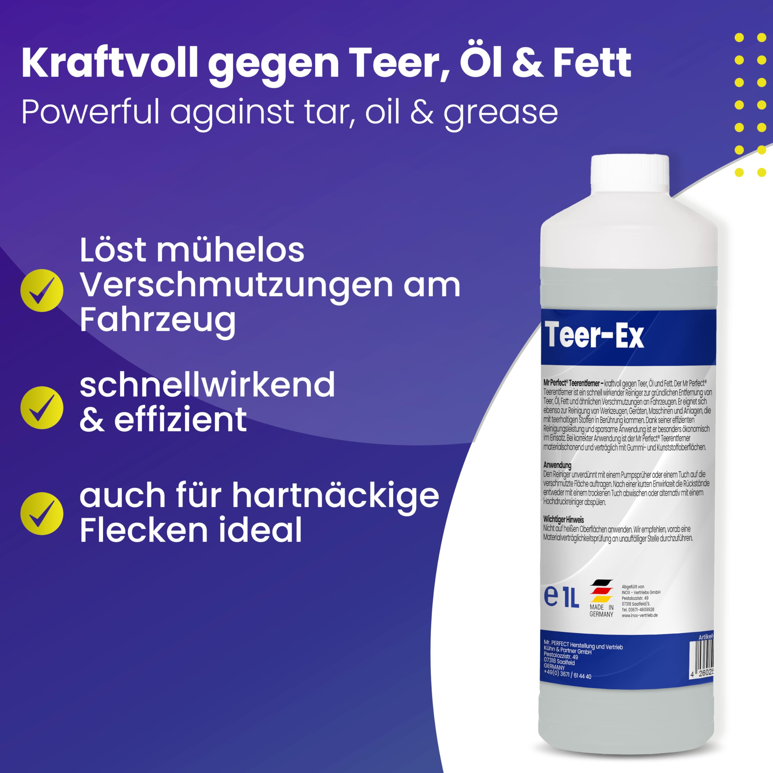Mr. Perfect® Professioneller Teerentferner Auto - 4x1L I Bitumen Entferner - Entfernt effektiv Teer, Bitumen, Öl & Fett I Baumharzentferner - Teer Entferner für Auto, Wohnmobil, Werkzeuge & Mehr