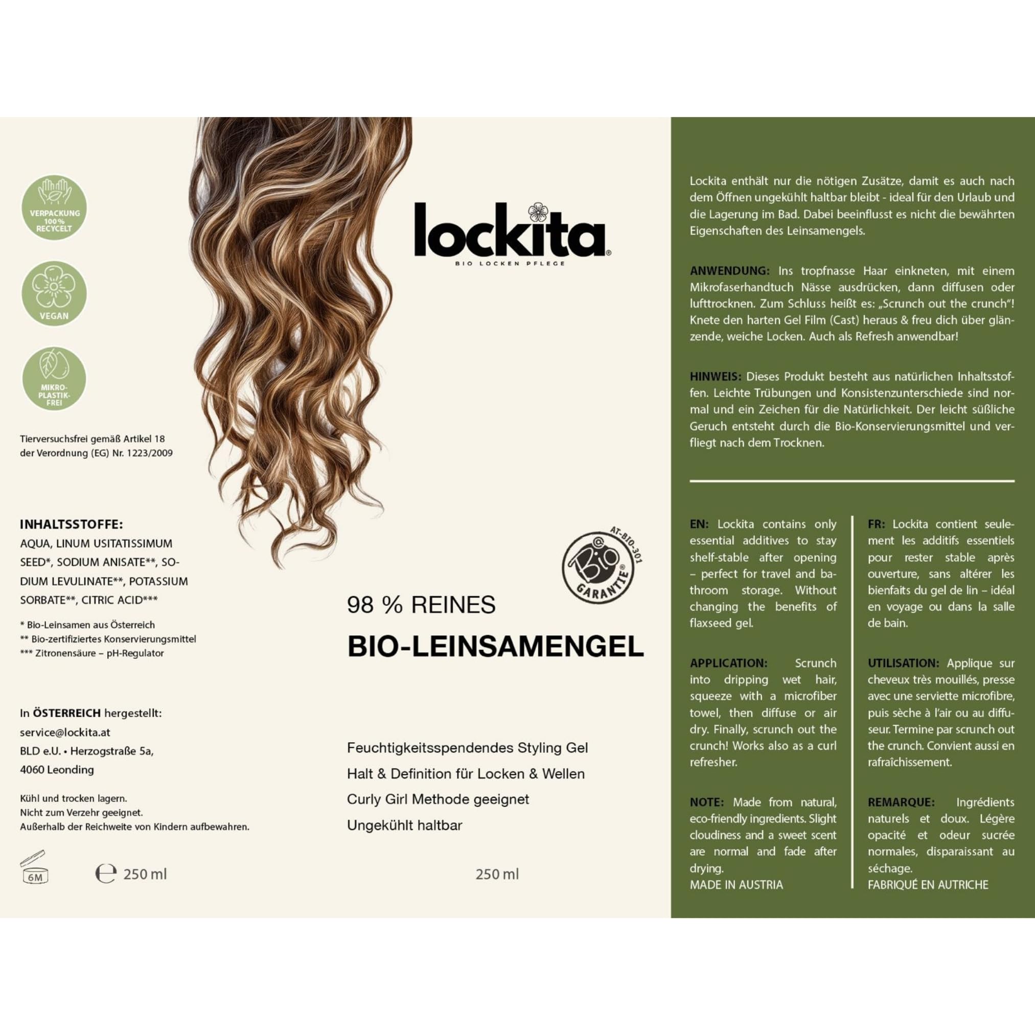 98% reines Leinsamengel für Haare & Locken- Anti Frizz Lockengel Naturlocken – Scrunch Gel - Curl Gel – Bio Styling Gel – ohne Silikone – Curly Girl Methode geeignet