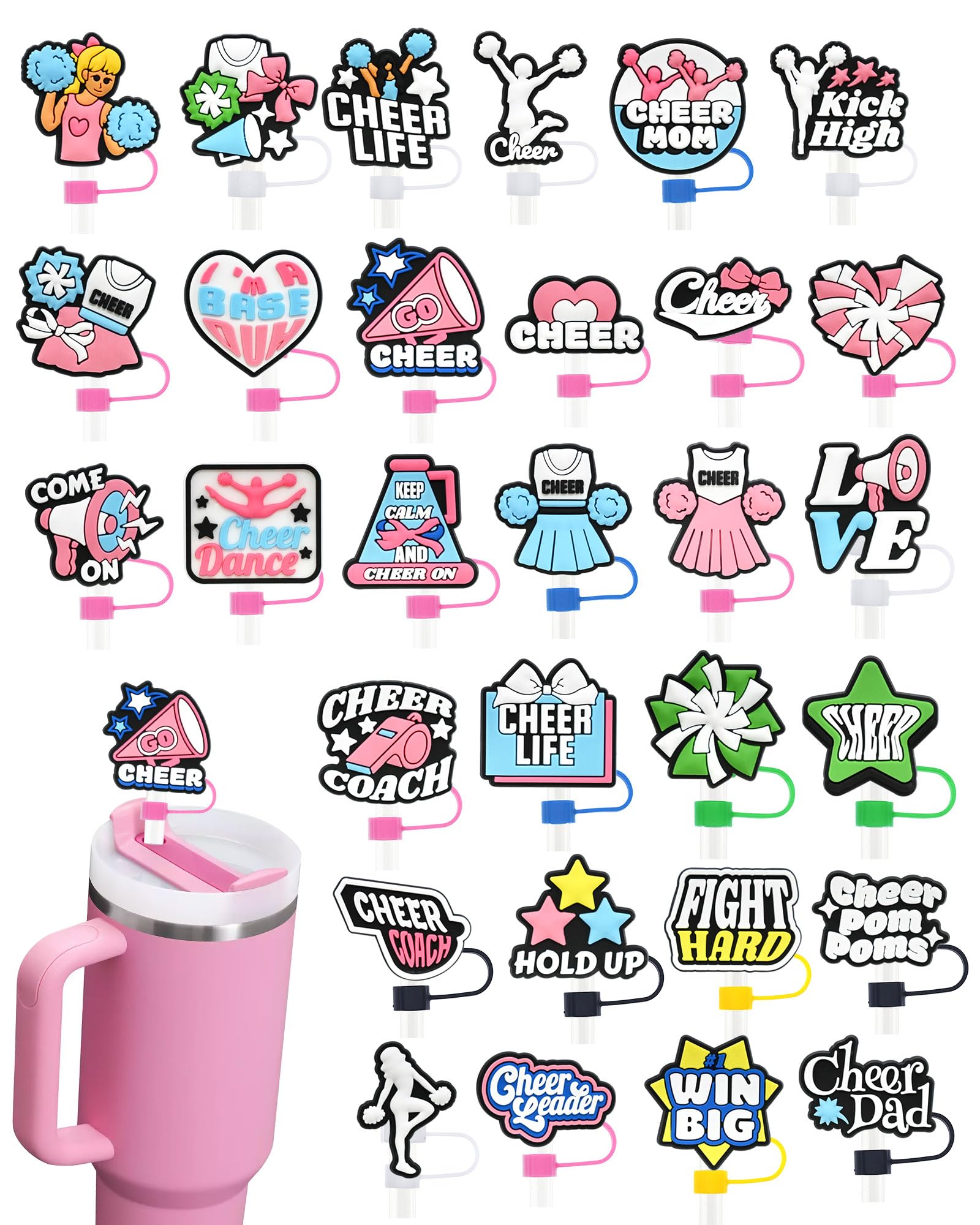 30 Pack Cheerleaders Straw Covers Cap for Tumblers, 10mm Cute Dust-Proof Straw Topper for Water Bottles Stanley Cups Accessories Gifts For Women Party