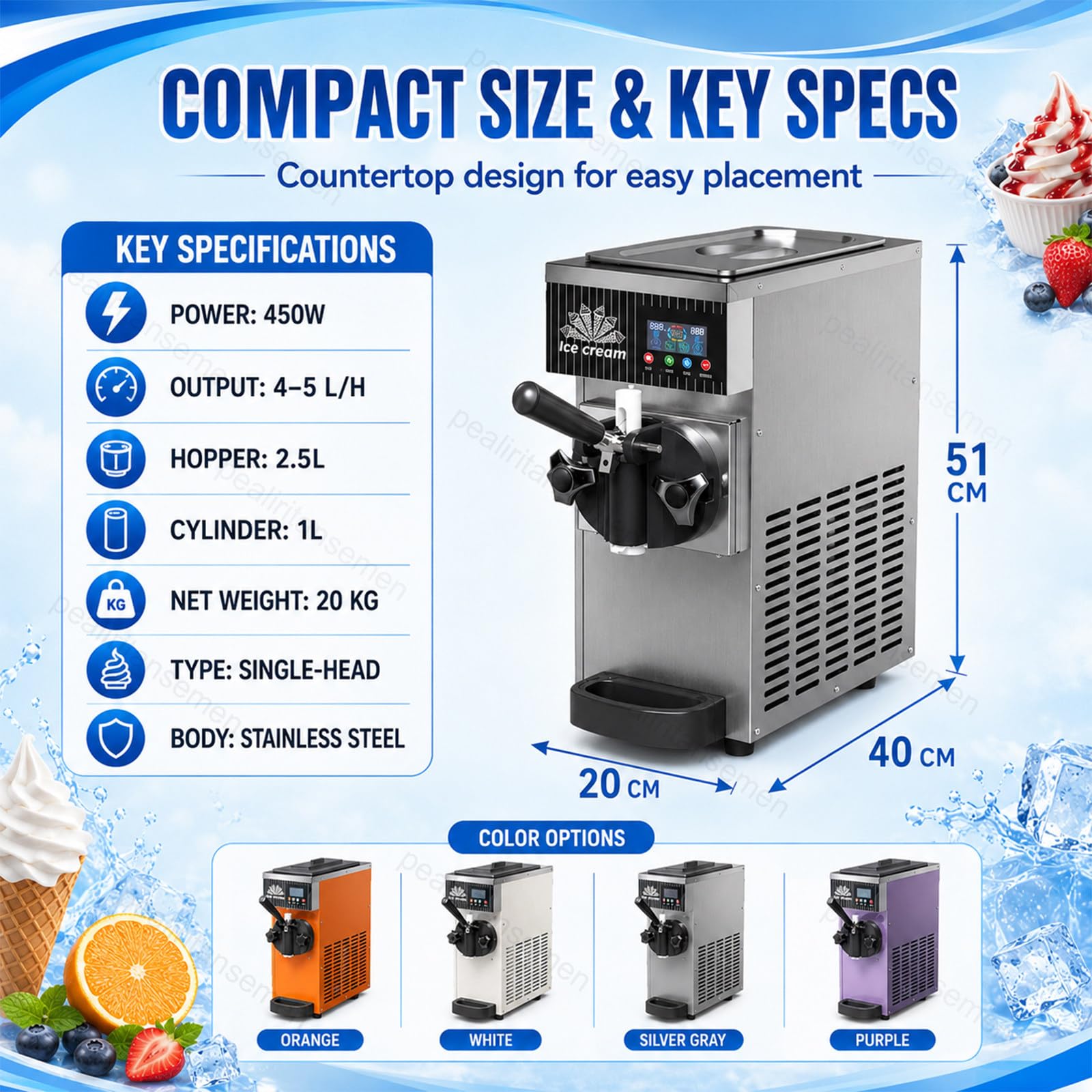 Macchina per Gelato Soft 450W, Gelatiera da Banco con Display LCD, Pre-Raffreddamento, Pulizia Automatica, Vasca 2,5L, Macchina Gelato Monogusto per Bar e Gelateria StainlessSteel