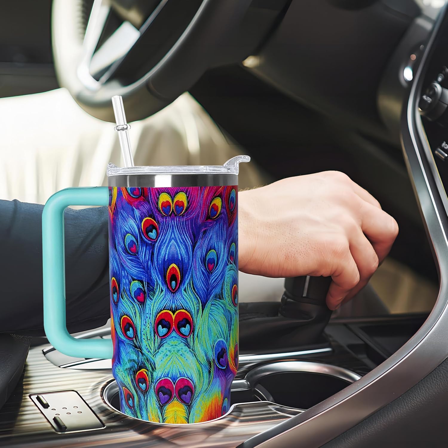 30 oz Peacock Feather Lover Gift Tumbler with Handle Straw Lid 30oz Peacock Feather Themed Water Bottle Double Stainless Steel Insulated Basketball Cup Travel Coffee Mug - Image 5
