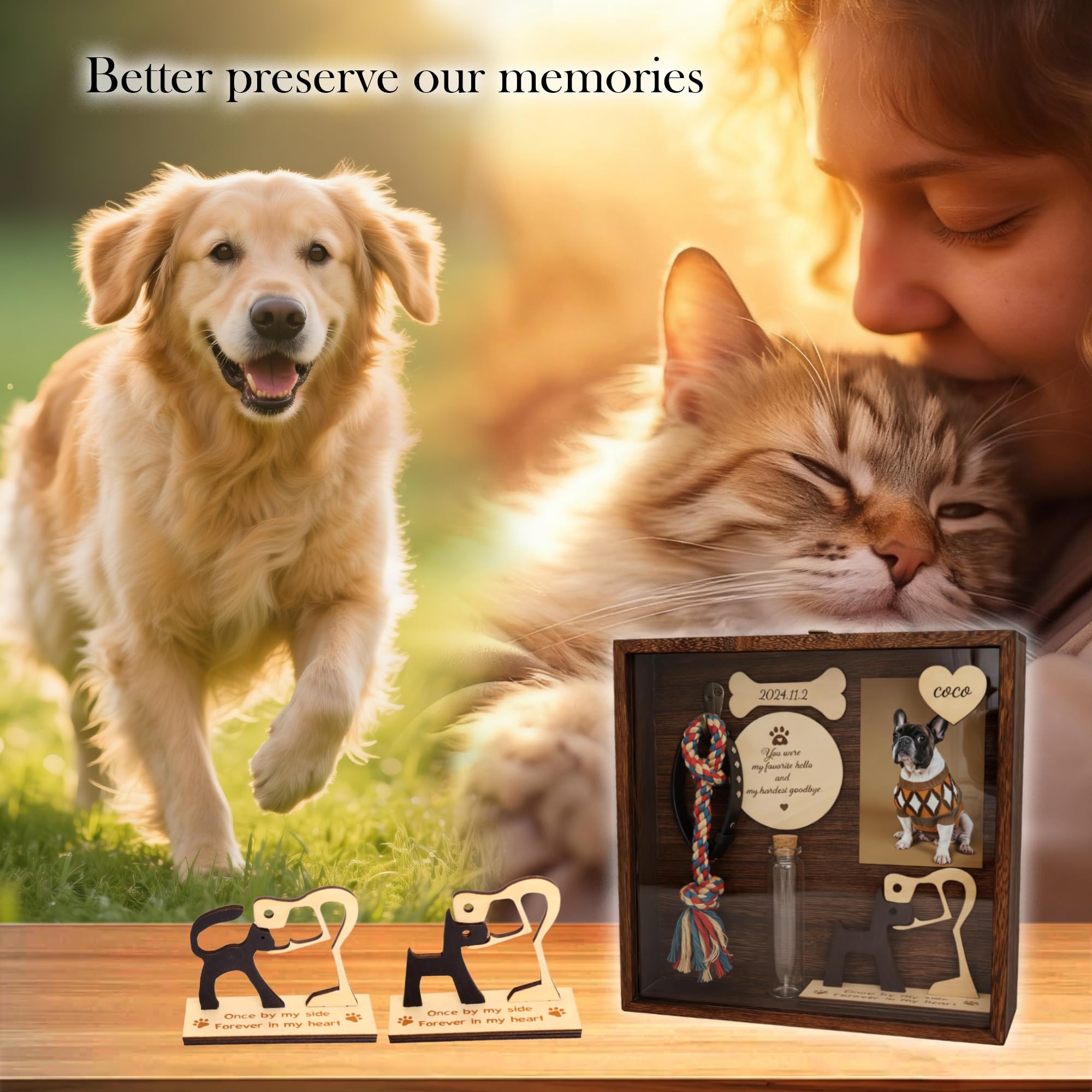 Scatola commemorativa Animali Domestici 8,6''-Porta Collare Cornice Foto,Zampe,Scultura Legno Cani,Barattolo Peli di Animali Domestici,Regalo condoglianze degli,Appendere/Tavolo