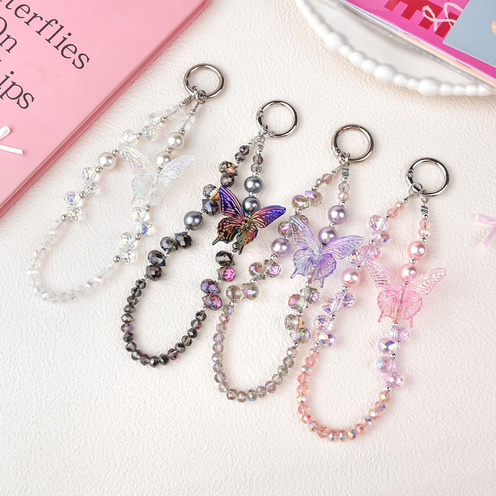 Fycyko Beaded Phone Wrist Strap,Crystal Glitter Cute Butterfly Keychain Wristlet,Phone Chain Wristlet Purse Bag Charms — view 7