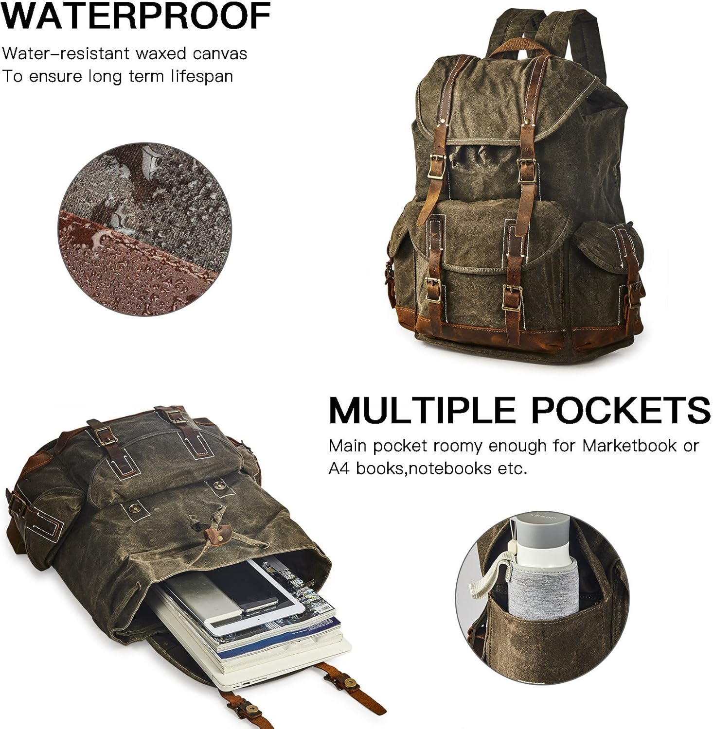 Heavy Duty Waxed Canvas Vintage Backpack for Men Women Trim Casual 15.6" laptop Travel Rucksack Shoulder Rucksack for Travel - Image 4