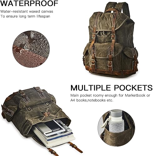 Miniatura 4 de BRASS TACKS Leathercraft Mochila de tela encerada para hombres, casual, de 15.6" para laptop, Marrón oscuro, Mochilas de mochila