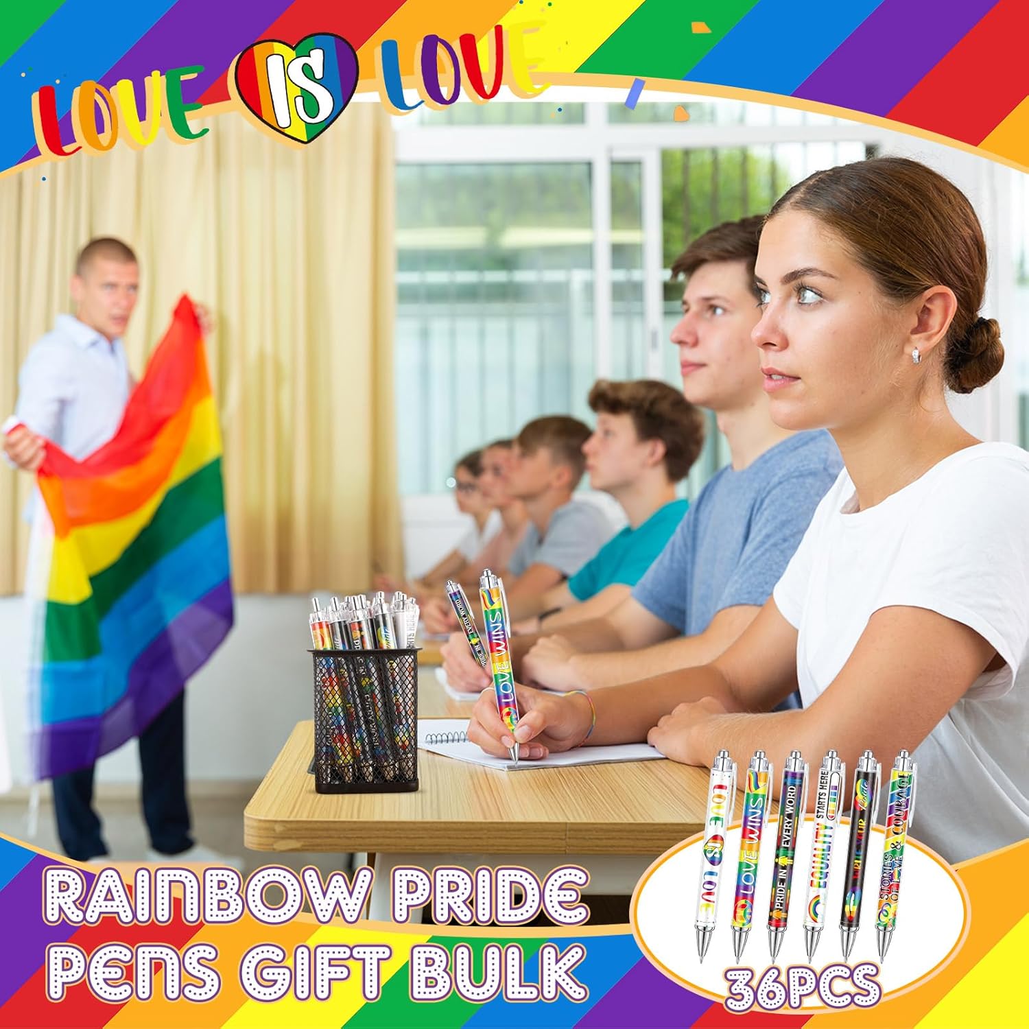 36 Pcs Rainbow Pride Pens Gift Bulk LGBTQ Lesbian Gay Day Party Favors Love Is Love Courage Retractable Ballpoints for Women Men Couple Classroom Office Supplies - Image 6