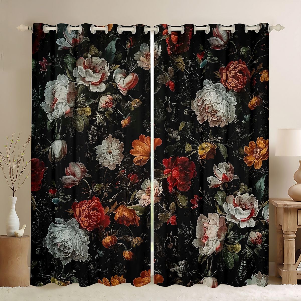 Red White Peony Floral Blackout Curtains for Bedroom Living Room Boho Oil Painting Design Window Curtains 2 Panels 42"Wx90"L Bohemian Garden Flower Drapes,Botanical Plant Window Treatments