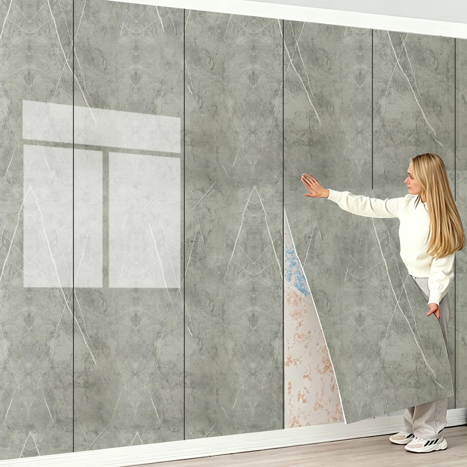 Camiraft Grey Marble Wall Panels Peel and Stick,40 x 300 cm Marble Self Adhesive Wall Panels Roll 2.3mm Thick Waterproof Backsplash Tile PVC Foam Wallpaper for Kitchen,Living Rooms,Bedrooms TV Walls