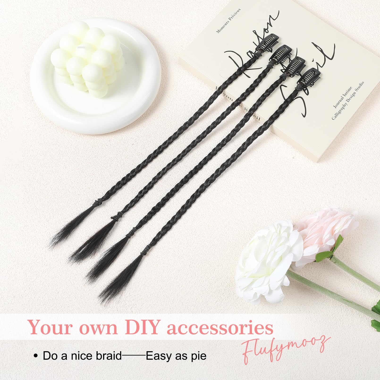 Flufymooz 4PC Braid in Hair Extension 14 Inch Clip in Braid Extensions for Women Synthetic Hairpieces for Daily Use Party Styling (Natural Black) - Image 3