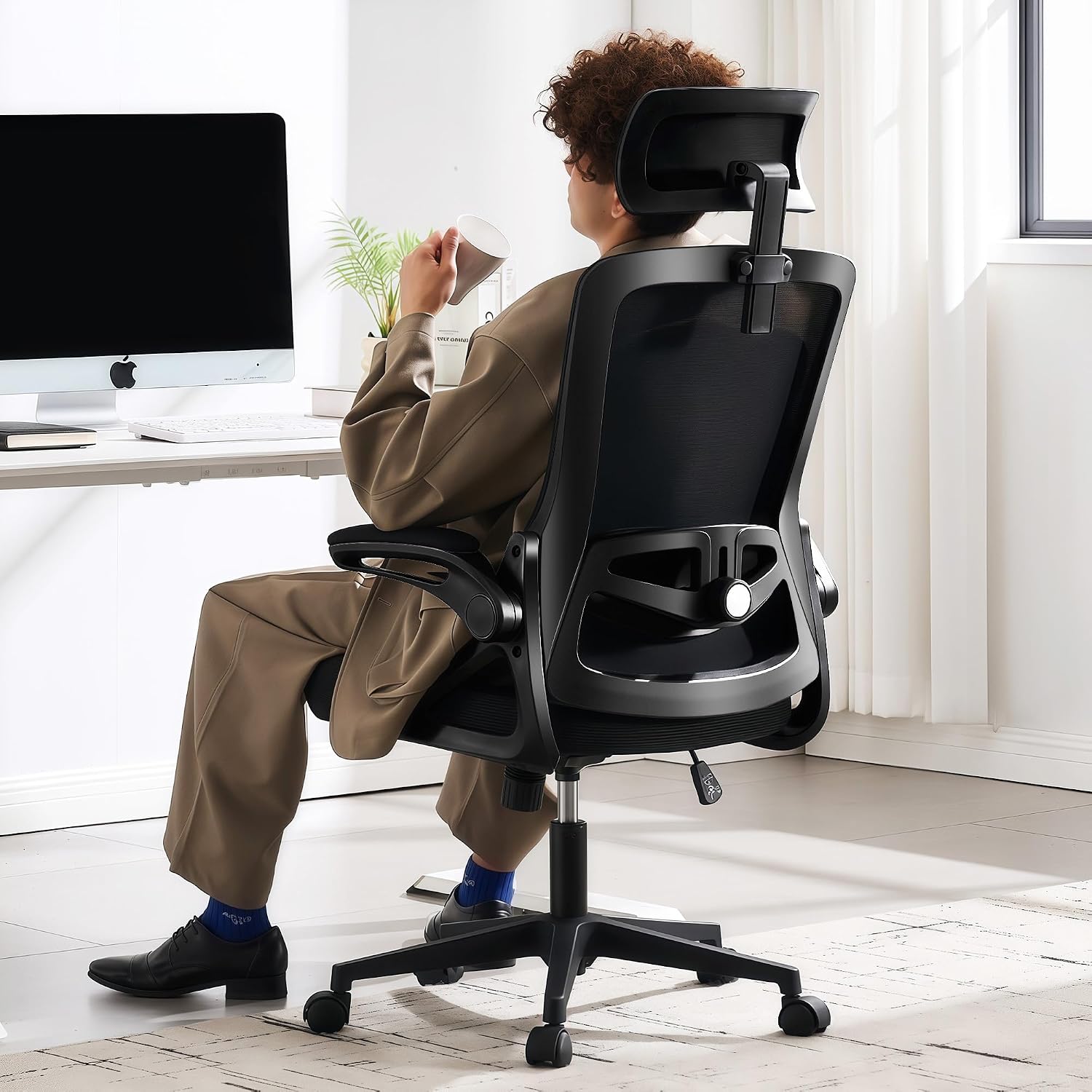 Fizzin Office Chair Mesh Computer Chairs with Adjustable Lumbar Support | Ergonomic Office Chair, Home Office Desk Chairs with Thickened Cushion and Headrest, Comfy Gaming Chair (Black)