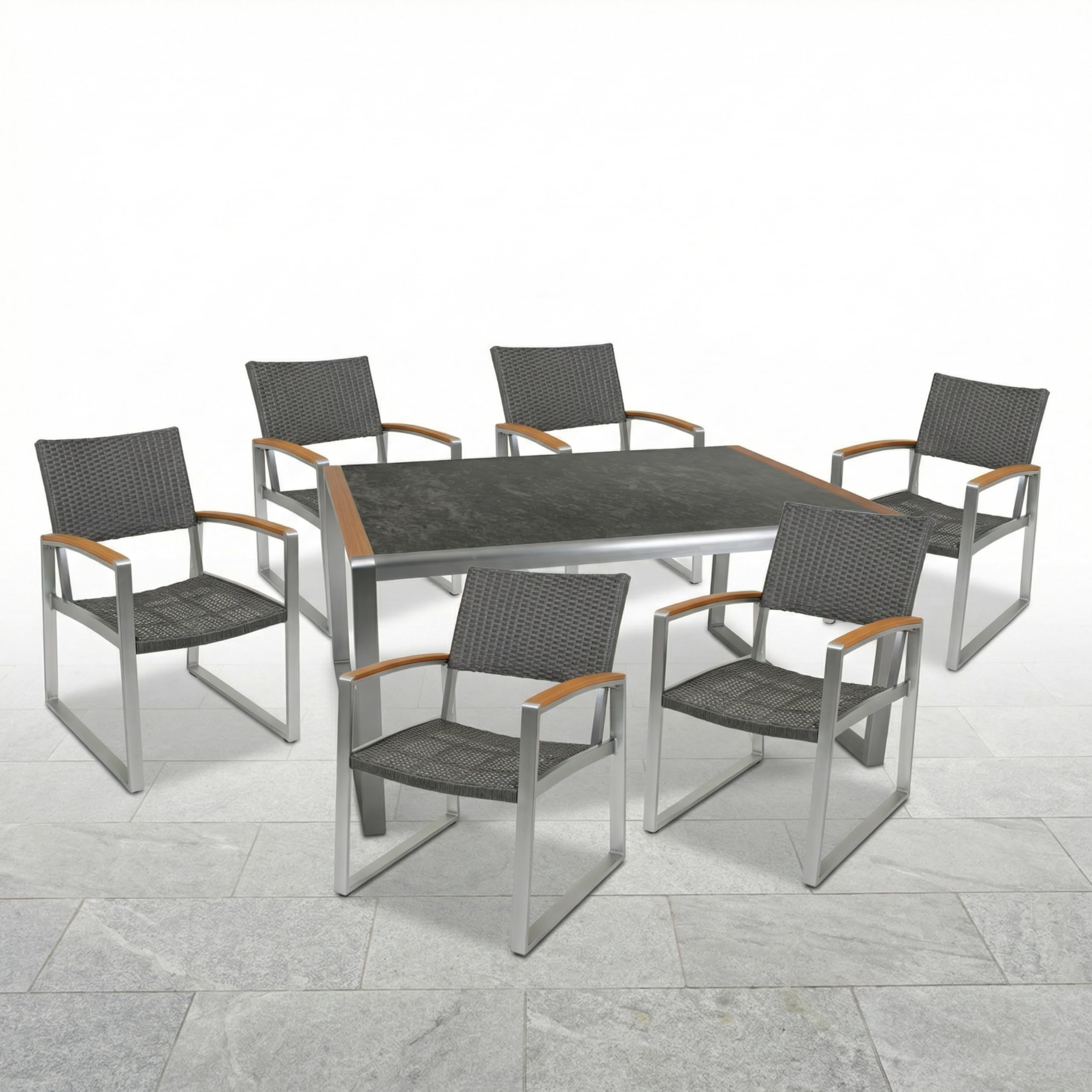 Schauer AVERNA Tischgruppe 7-tlg. – Gartenmöbel Set mit Tisch 160cm Granitoptik & 6 Freischwinger Stühle Kunststoffgeflecht | Aluminium pulverbeschichtet grau | Armlehnen Nonwood Teak-Optik | Terrasse