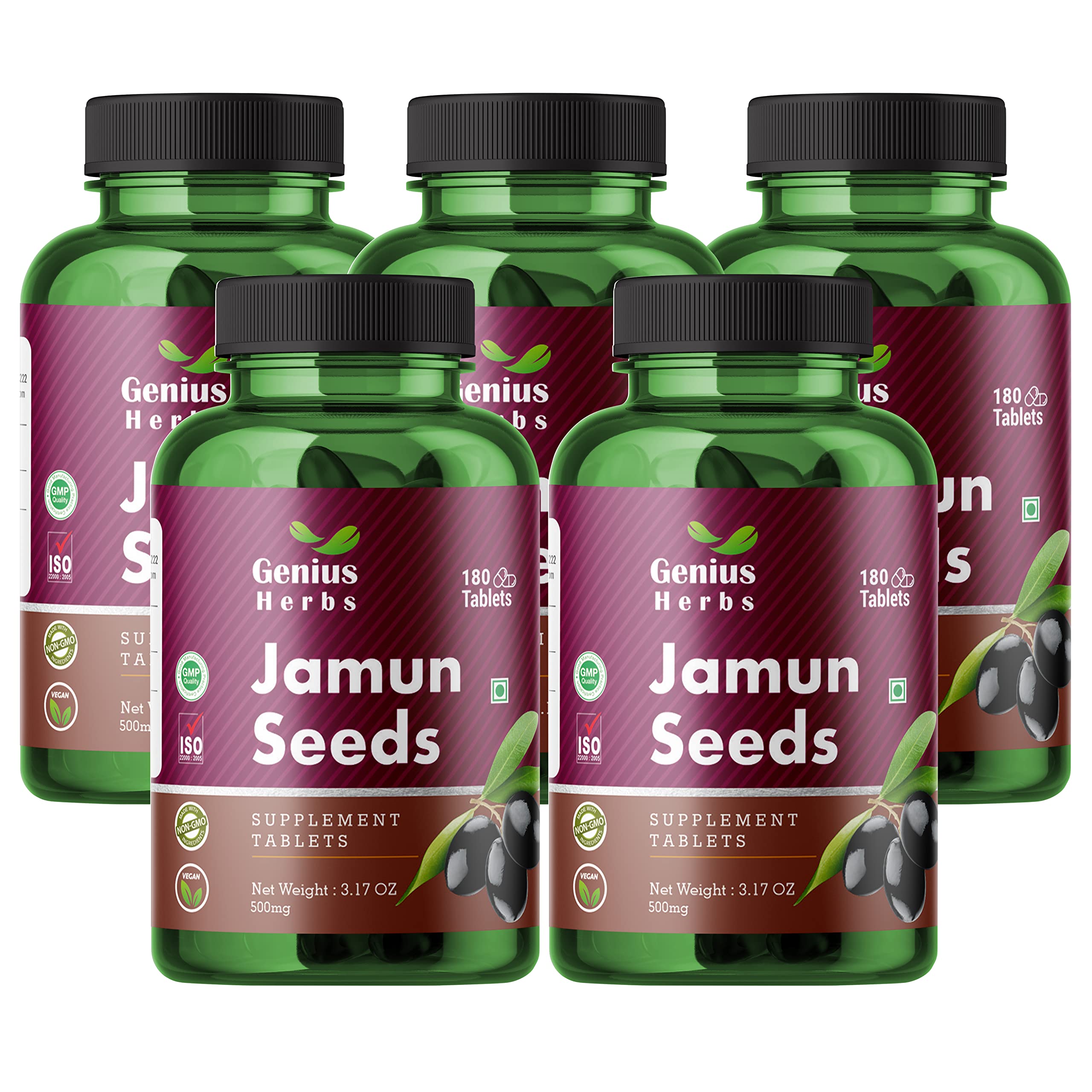 Genius Herbs Jamun Seeds Tablets 1000 mg Per Serving 500 mg of 180 No.s | Eugenia Jambolana | Supports Normal Blood Sugar | Healthy Digestion| 45 days Supply (Pack of 5) (B09JZDQPYB) Amazon Price History, Amazon Price Tracker