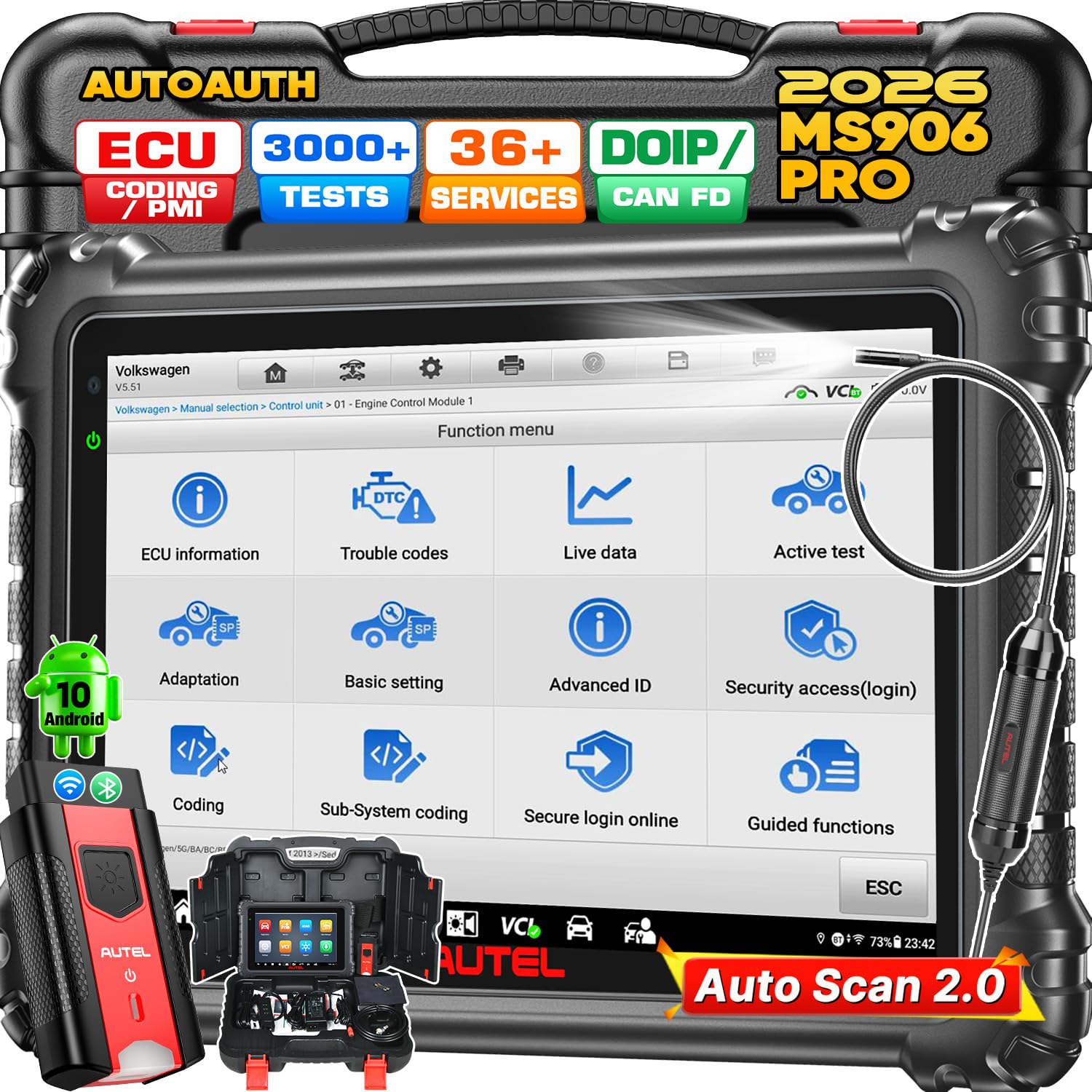 Autel Scanner MaxiSys MS906 PRO, 2026 MS906PRO Same as MS906MAX, 2.0 of MS908S MS906BT MK908 II, DoIP CAN FD, 36+ Service, 3000+ Active Tests, Auto Scan 2.0, OE Bidirectional Diagnostic, 4G/128G, FCA