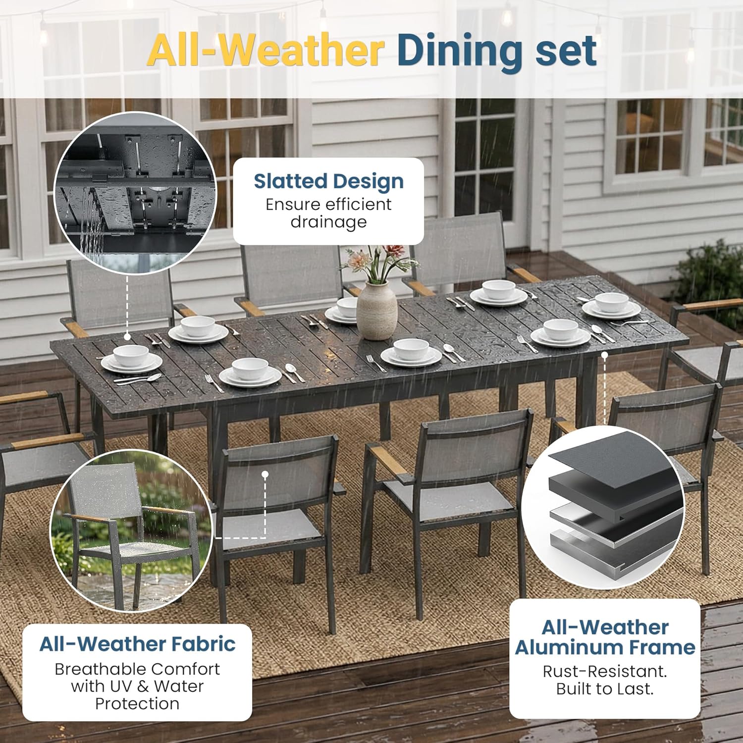 Outdoor Dining Set, Patio Furniture Set with 92" Extendable Dining Table, Outdoor Furniture Set for 4–8 People, All-Weather Aluminum Patio Table and Chairs set for Backyard, Porch, Garden, Grey