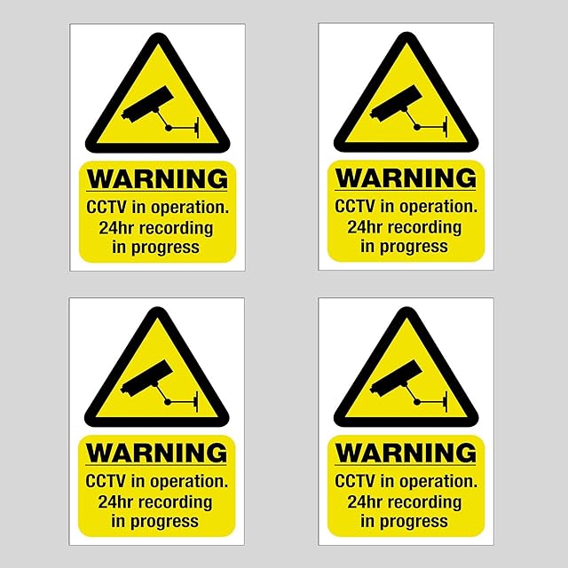 4 Pack of 100 mm x 65 CCTV Camera Security Self Adhesive REVERSE Window Sticker Signs - The image goes against glass so it can be seen from outside