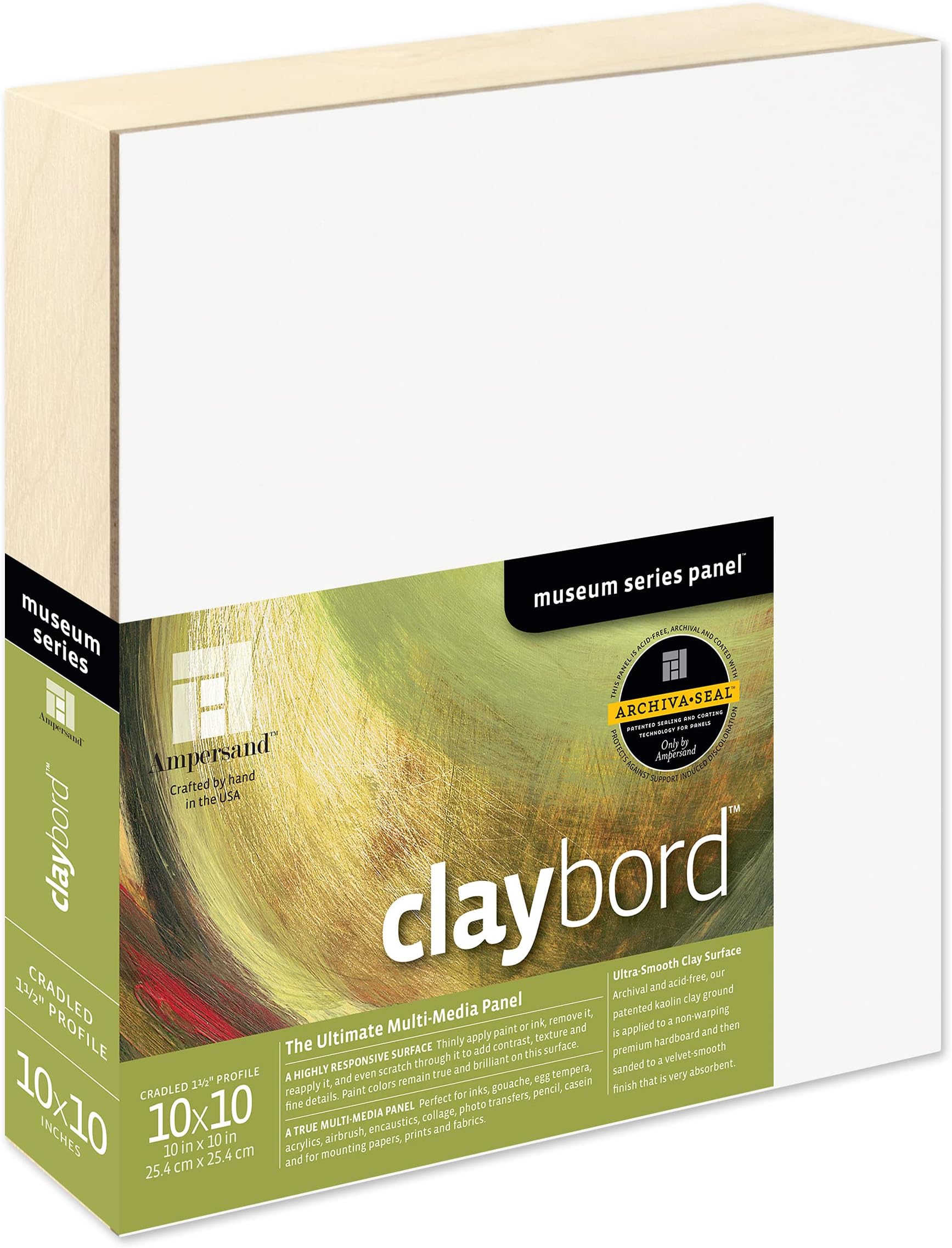 Ampersand Art Supply Claybord | 10" x 10" | 1-1/2" Cradled Profile | Kaolin Clay Painting Panel for Acrylic, Ink, Watercolor & Mixed Media | Canvas & Paper Alternative