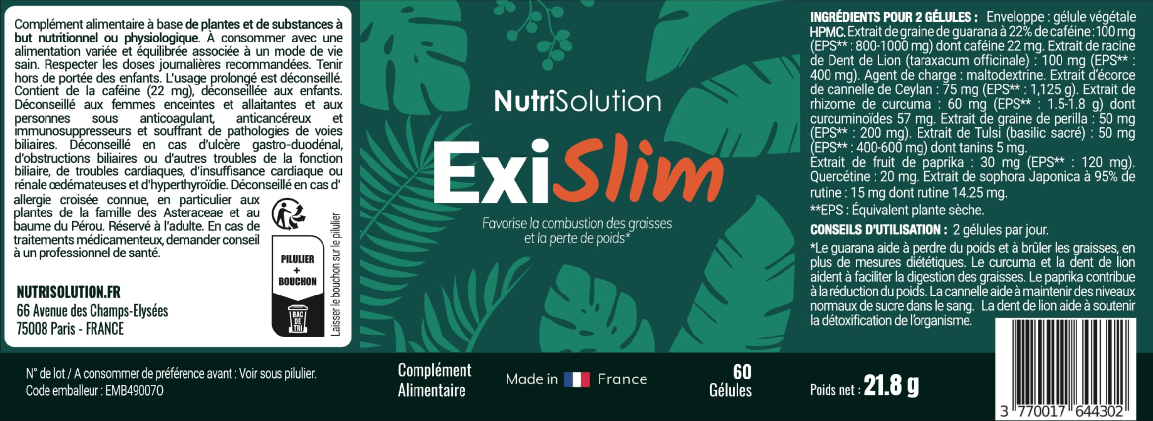 ExiSlim par Nutrisolution | Brûleur de Graisse Puissant | Contient Périlla, Curcuma, Végétalien | Soutien Perte de Poids | Homme & Femme | 60 Gélules | FABRIQUÉ EN FRANCE