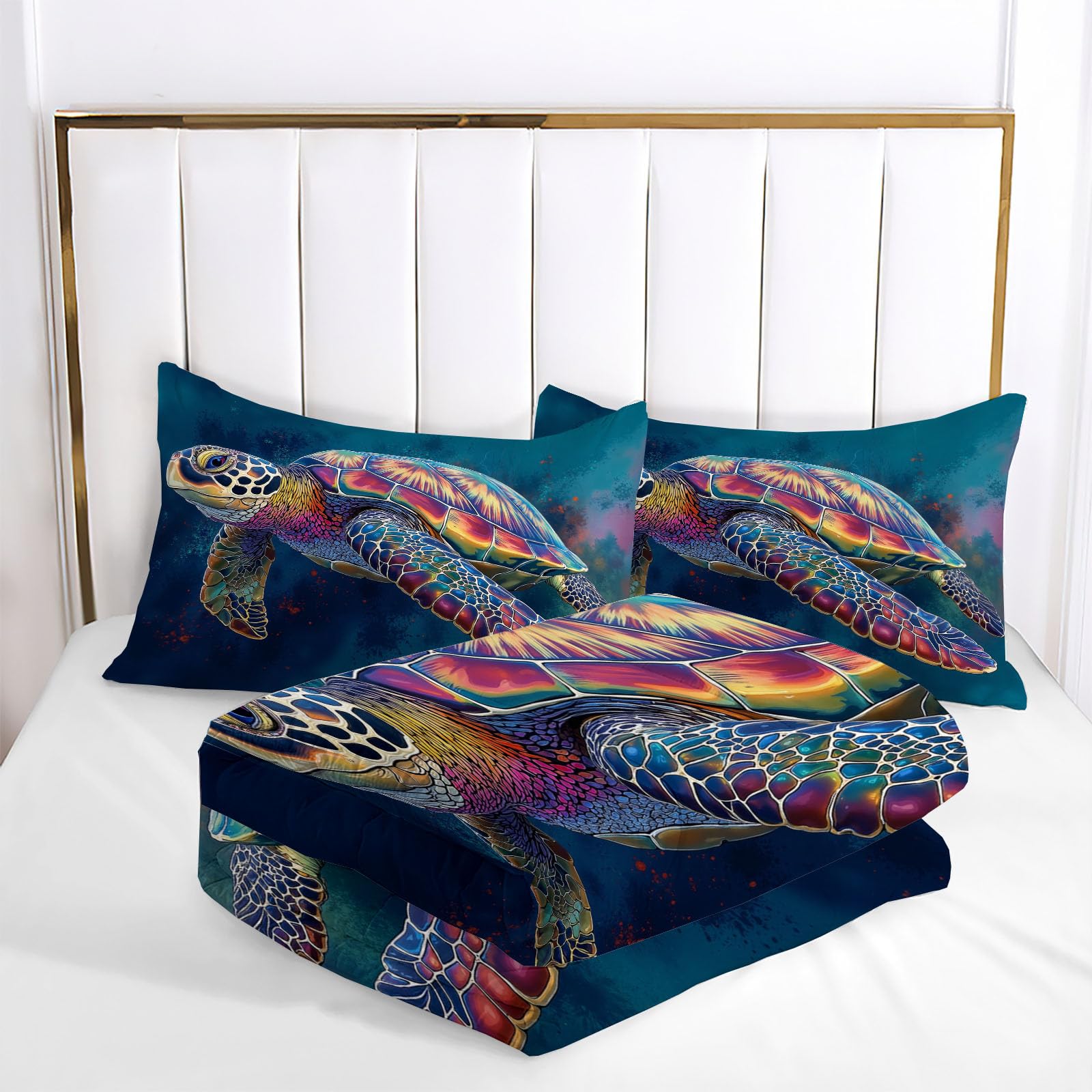 Trapunta Letto Singolo 4 Stagioni Piumone per Bambini, Tartaruga Marina Astratta Leggero Acquerello Vita Marina Set di Biancheria da Letto 140x200cm con 1 Federe,Piumino Lavabile In Lavatrice