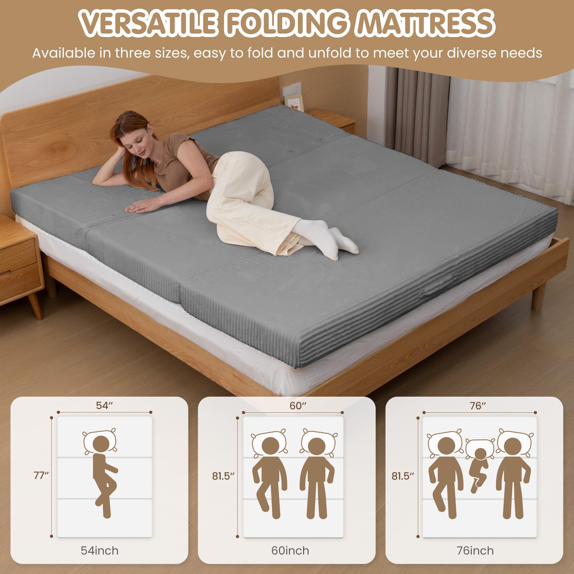5-in-1 Convertible Sofa Bed,60" Boneless Couch Tri Folding Floor Mattress with Removable L-Shaped Armrests & Handle,Corduroy Futon Couch Sleeper with Pull Out Bed for Living Room Bedroom Apartment