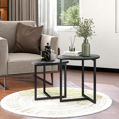Miniatura 10 de HOJINLINERO Juego de 2 mesas auxiliares redondas para sala de estar, mesa de centro pequeña negra, mesa de estar, marco de metal y madera, Marrón