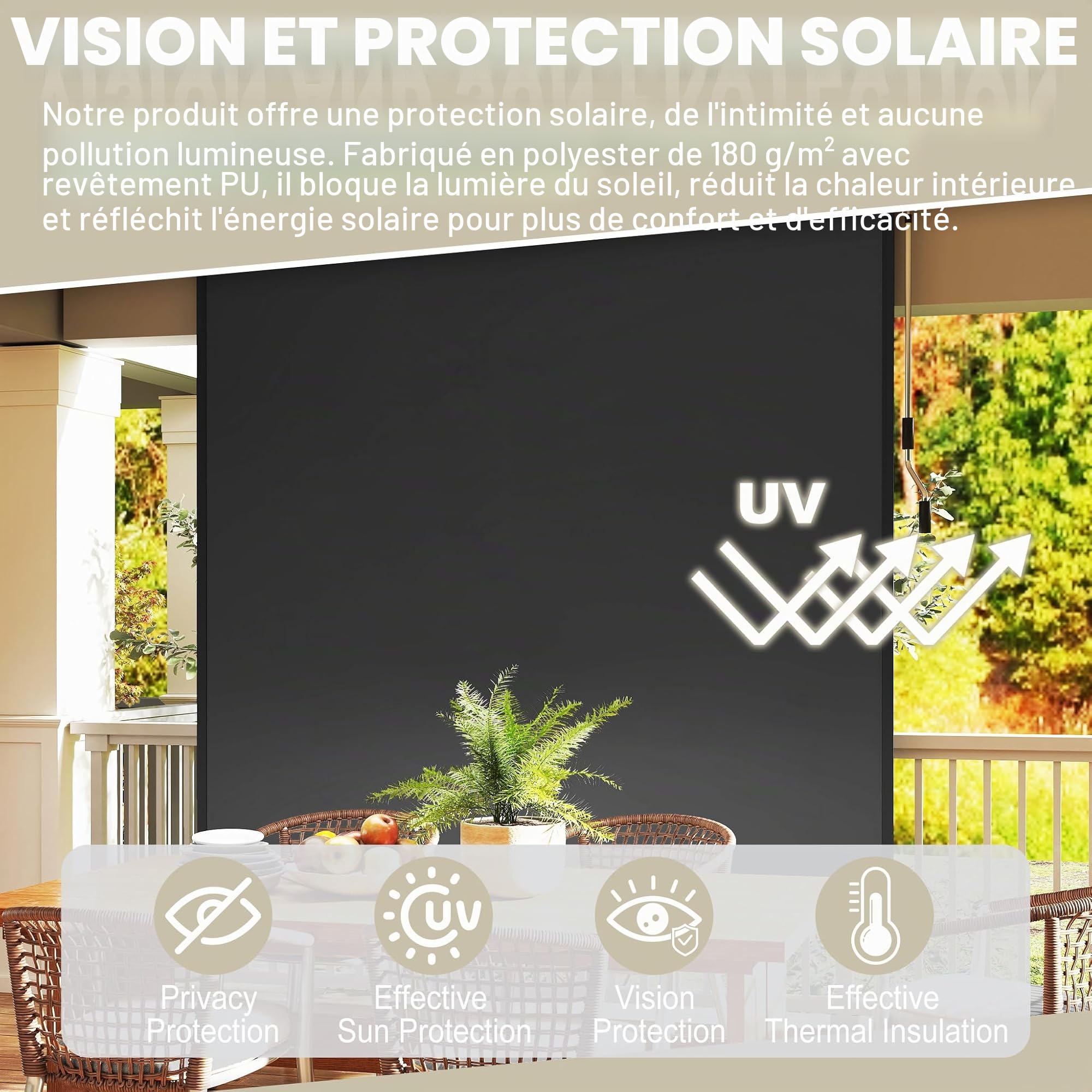 LZQ Store vertical 180 x 250 cm – Store extérieur résistant aux intempéries avec manivelle – Brise-vue et protection solaire – Convient pour terrasse, jardin et fenêtre – Store vertical robuste