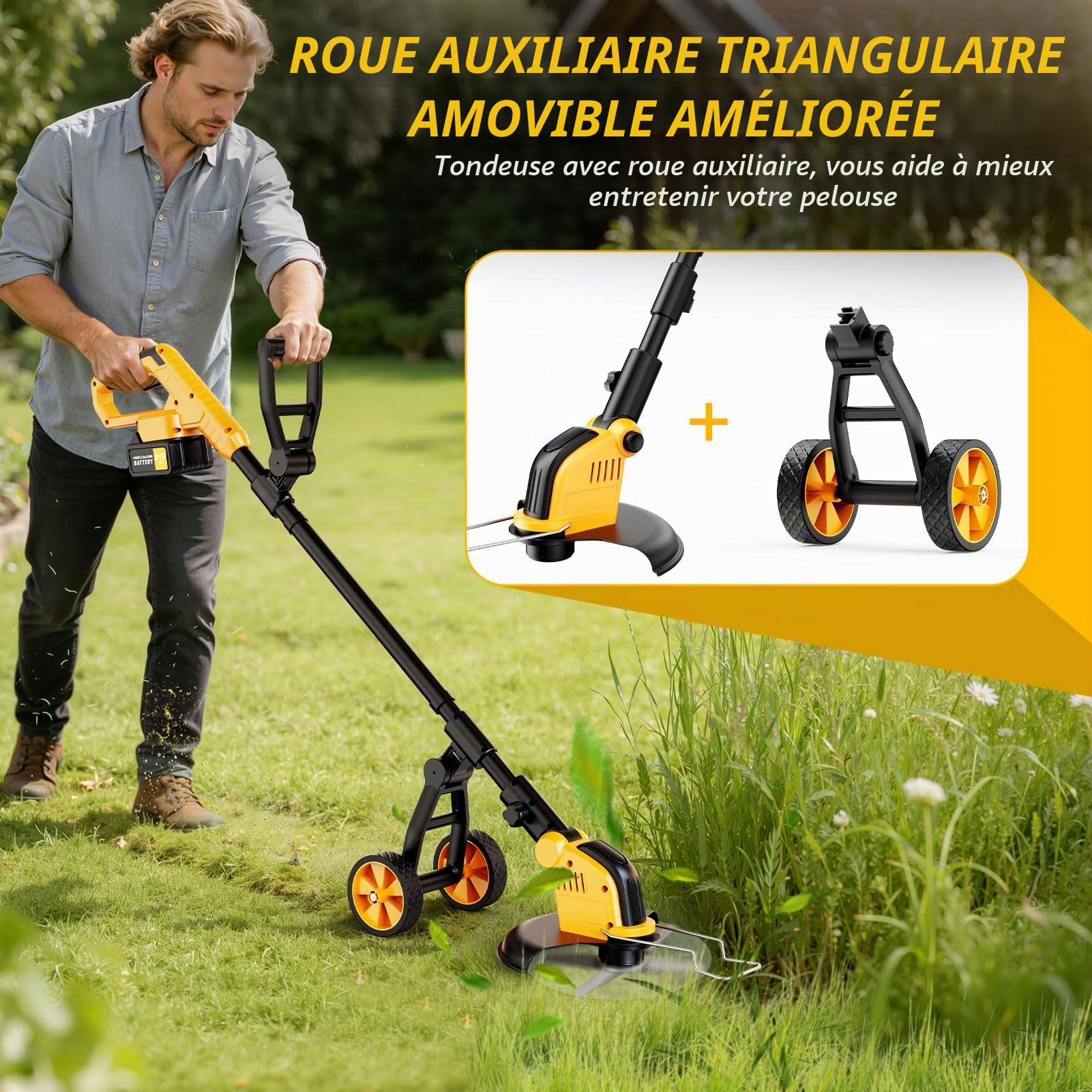 Débroussailleuses Electrique sans Fil avec Roue,30CM Coupe Bordures sans Fil avec 2*3.0Ah Batterie et Chargeur&4 Types Lames,Moteur Brushless 800W,Debrouissalleuses a Batterie pour Jardin et Pelouses