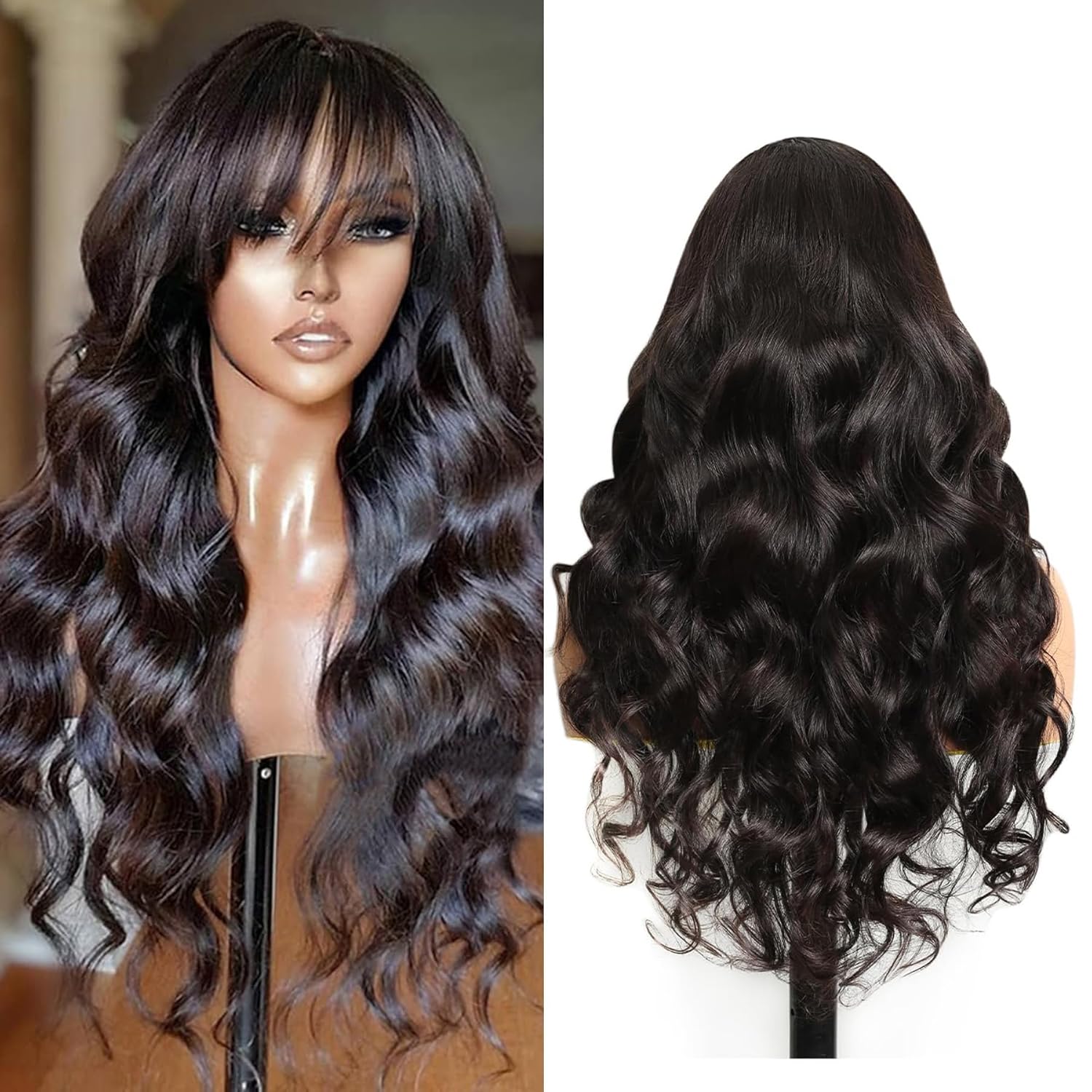 Natural Black Layered Cut Wavy HD Transparent Lace Front Wig With Bangs Human Hair Wig 13X6 Natural Wave Glueless Pre-plucked 150% density Loose Wave Brazilian Remy Hair For Black Woman 22 Inches