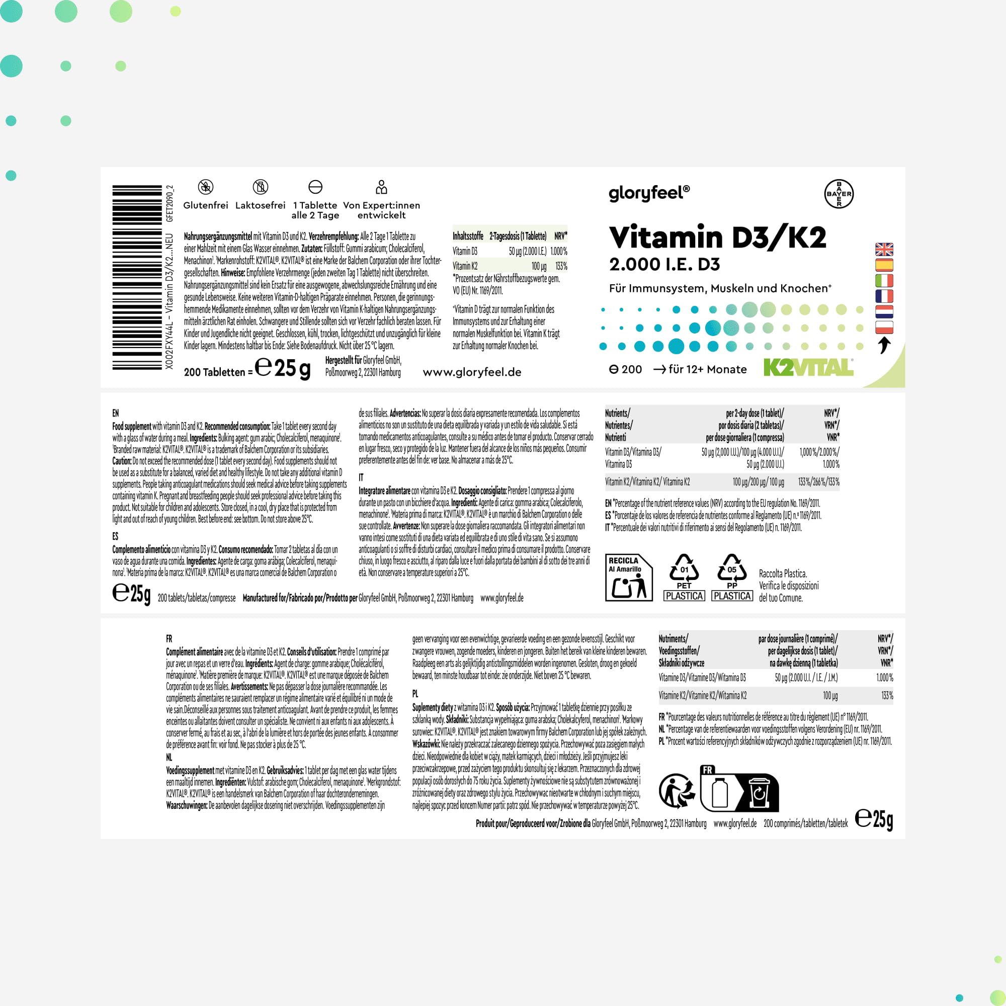 Vitamina D3 + K2 ad alto dosaggio - 200 compresse - Premium: K2VITAL® di Kappa - 99,7% di vitamina K2-MK7 trans + 2000 UI di D3 (1 ogni 2 giorni) - Prodotto di Germania analizzato in laboratorio
