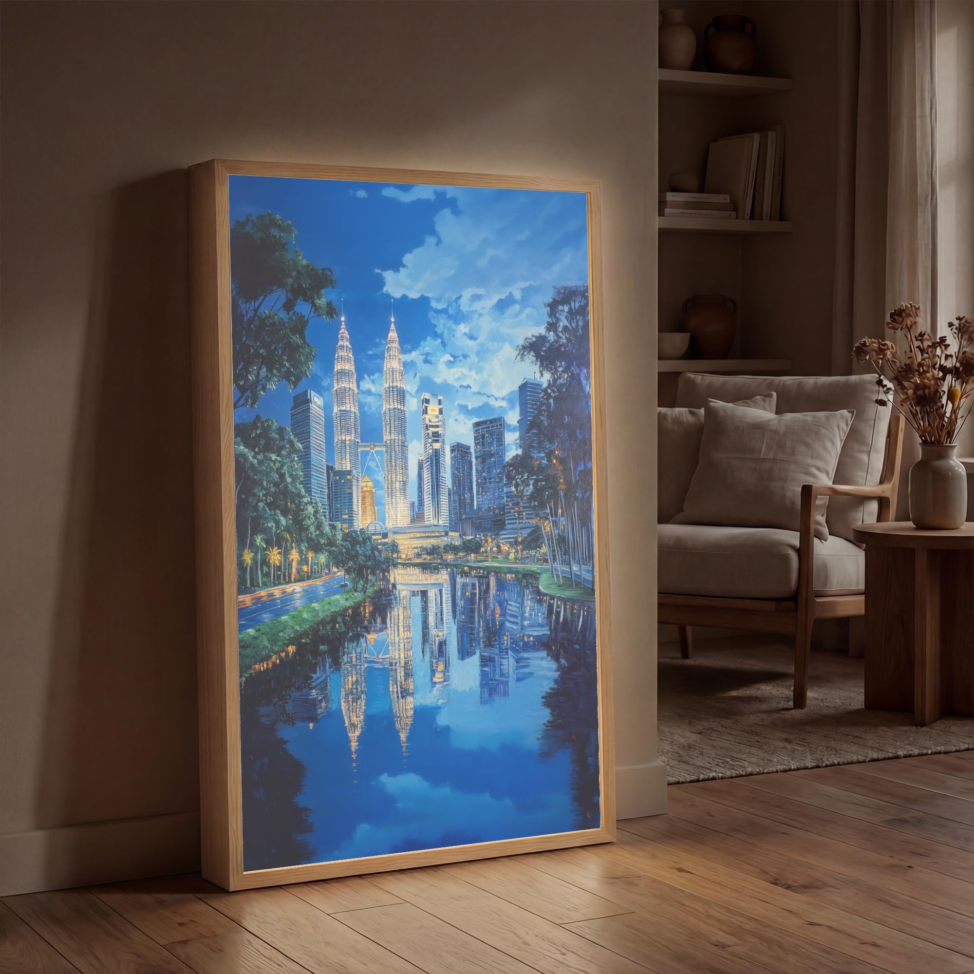 Moderne LED Wandleuchte Innen 60x90 cm Aufladbar Wandbeleuchtung Schlafzimmer Nachtlampe Flach Fernbedienung Warmes Still Licht Dimmbare Lampe Stadt Kuala Lumpur - Skyline - Wasser