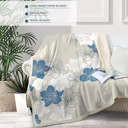 Miniatura 5 de Manta floral con patrón de flores azules, mullida, cálida, de microfibra de forro polar para sofá y sillas, suave para todas las estaciones, 50 x 60