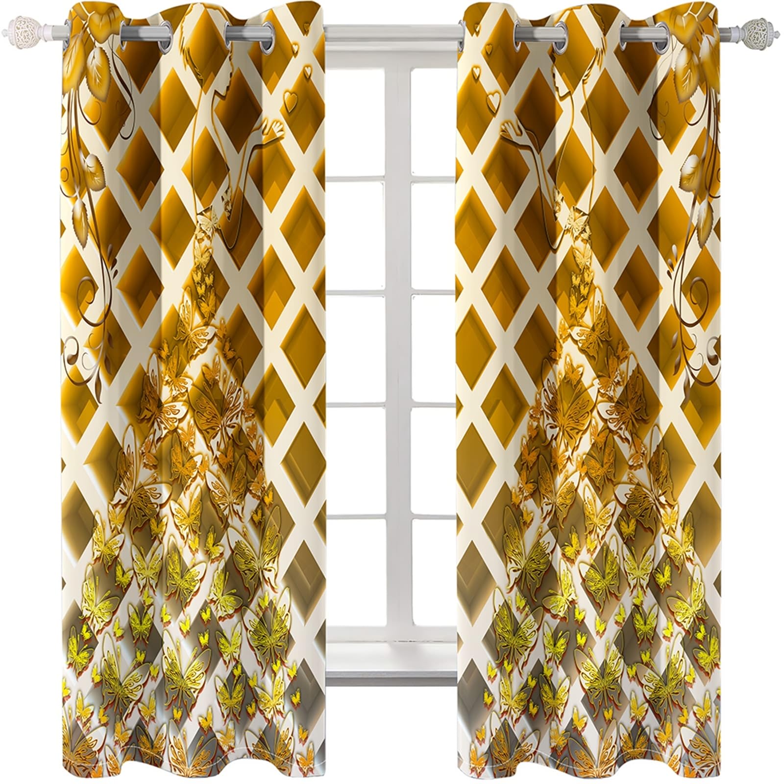 Rideaux Beige Rideau Lot de 2, Rideau Jour Nuit Décoration Florale de Style Chinois 137x214CM(WxH)