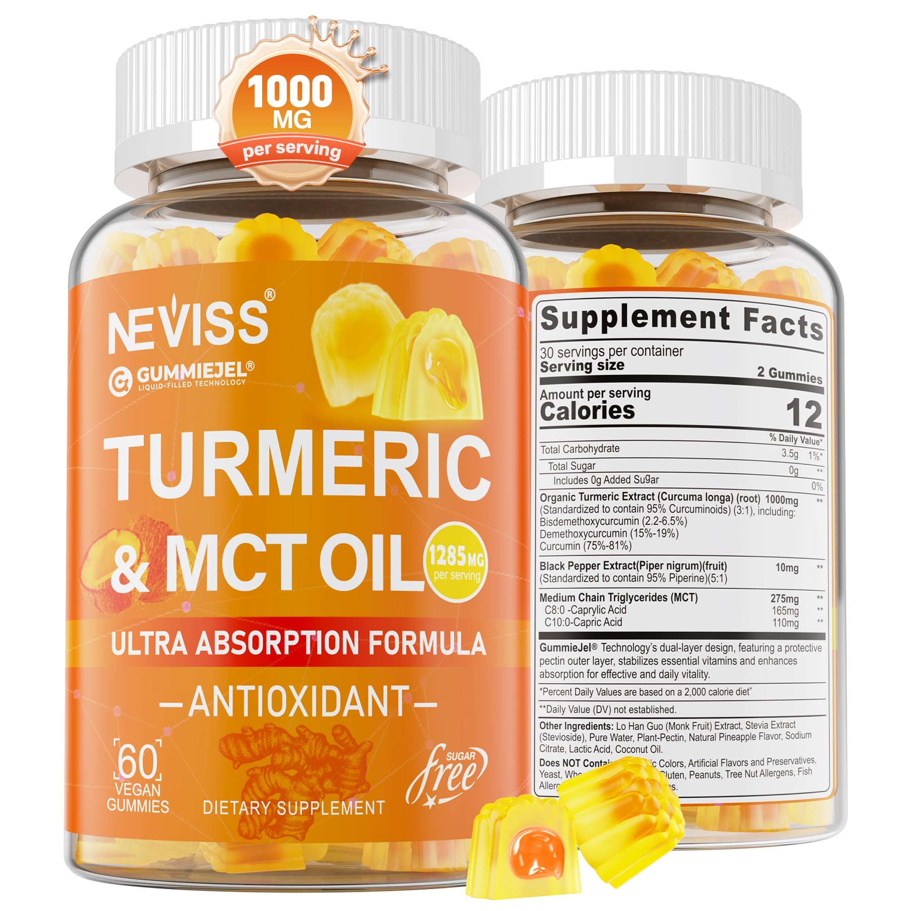 Turmeric Gummies 1000mg w/MCT Oil C8 C10, Organic Antioxidant, Turmeric Curcumin Supplement with Black Pepper Extract, Support Comfort, Boost Energy, Ultra Absorption, Sugar Free, 60 Cts