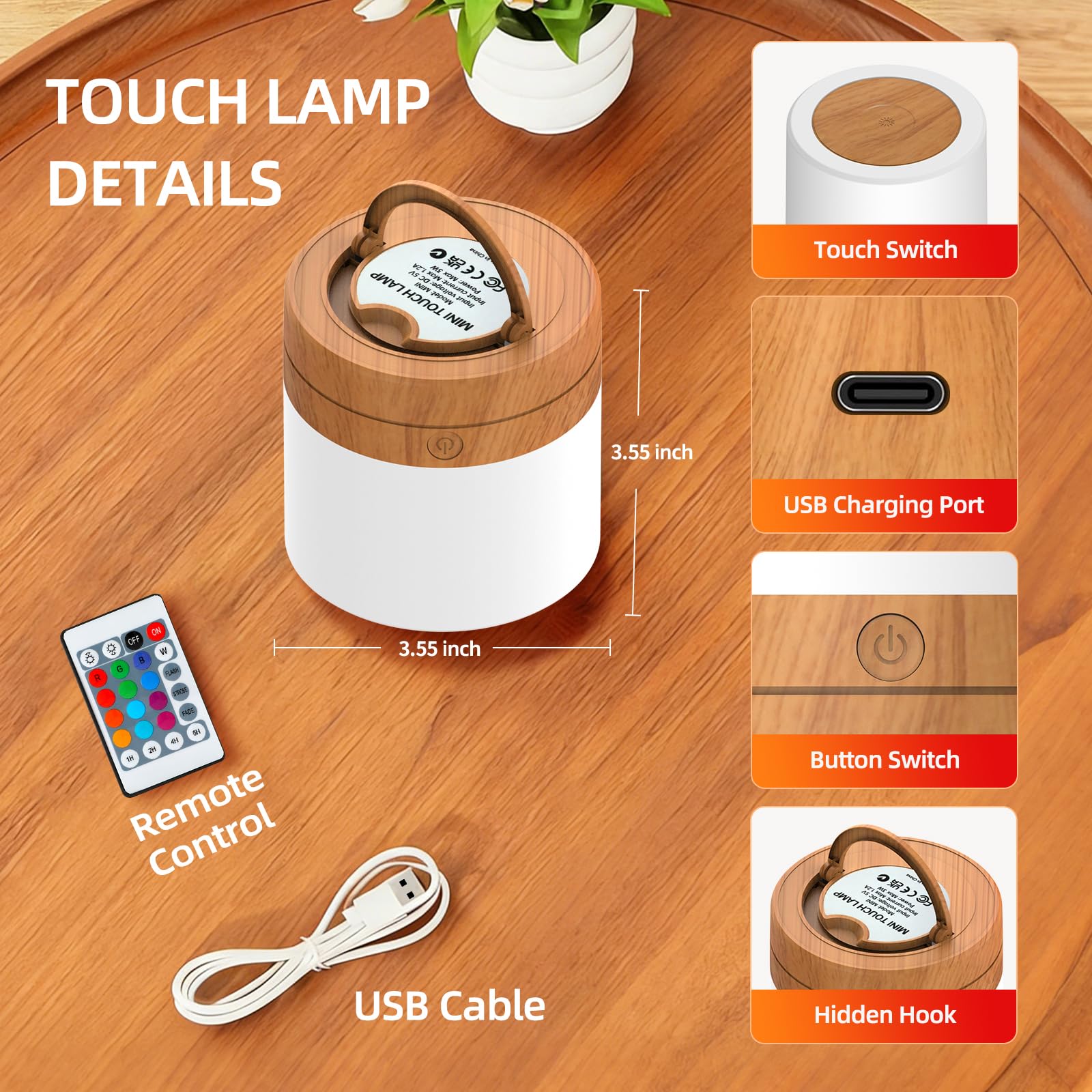 Luce notturna portatile per bambini, ricaricabile tramite USB, piccola lampada da scrivania, 13 colori RGB, 4 luminosità e 1 telecomando, lampada da comodino touch per cameretta dei bambini
