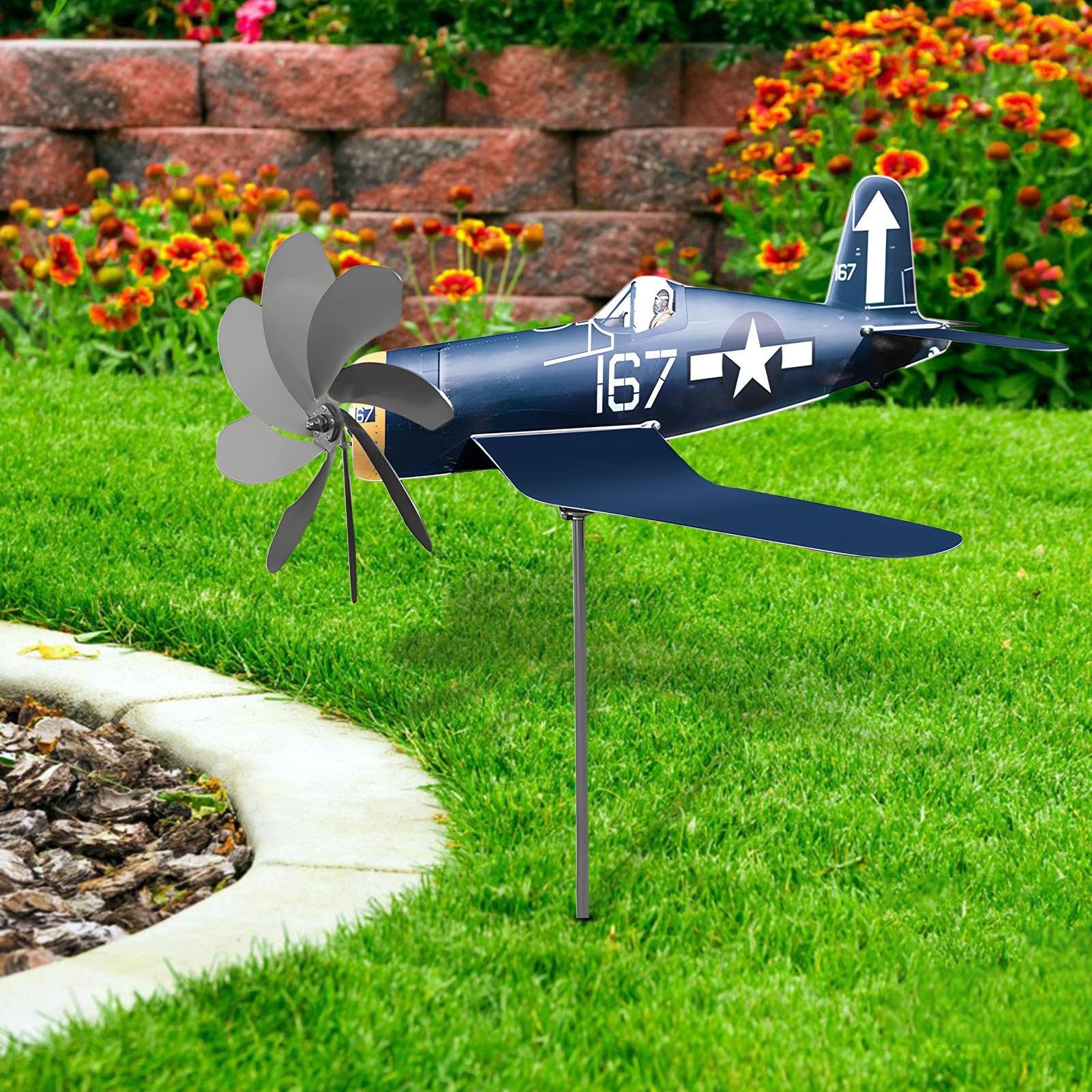 Murman Girouette D'avion En Métal - Moulin À Vent Pour Décoration De Pelouse Cour Et Jardin 35x18x9cm - Résistant Aux Intempéries - Bleu