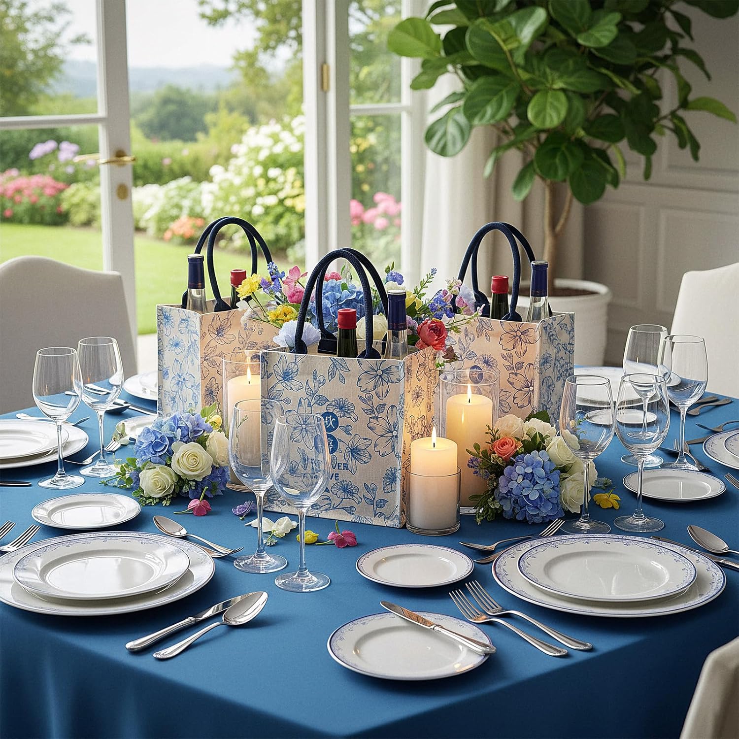 6 Pcs Bridesmaid Bags Blue White Vintage Floral Burlap Tote Bridal Party Gift Bags Reusable Jute Tote with Handles Medium for Wedding Day Engagement DIY Shopping Bridal Shower - Image 6