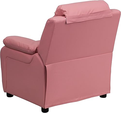 Miniatura 9 de Flash Furniture, sillón reclinable de lujo, muy acolchado, de vinilo color beige, con apoyabrazos con compartimento de almacenamiento, para niños,