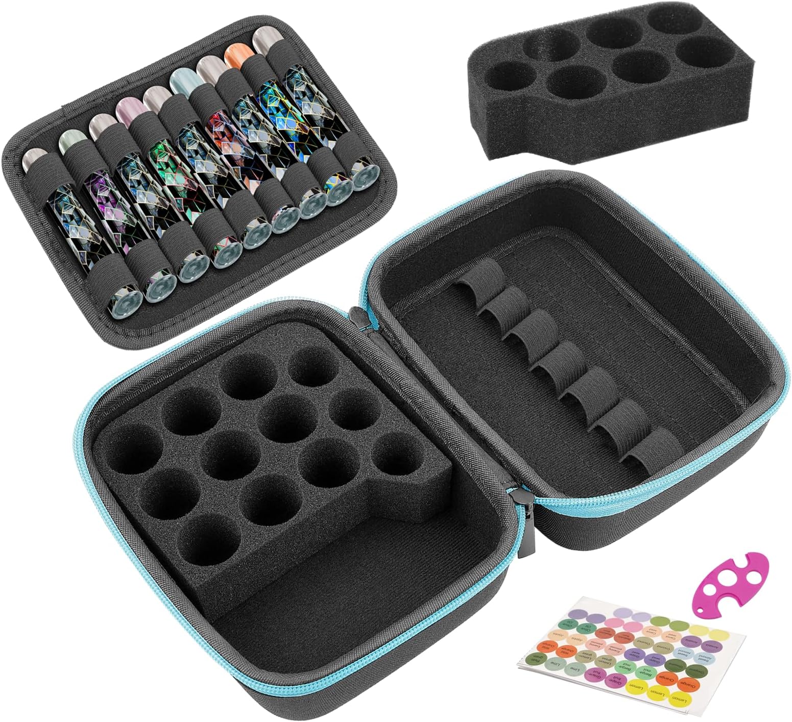 Essential Oil Box 44 Slots Travel Hard Shell Essential Oils Organizer Holder Storage Aromatherapy Oils Case Bag with Bottle Opener Labels Protective Bag for 5ml 10ml 15ml Bottles