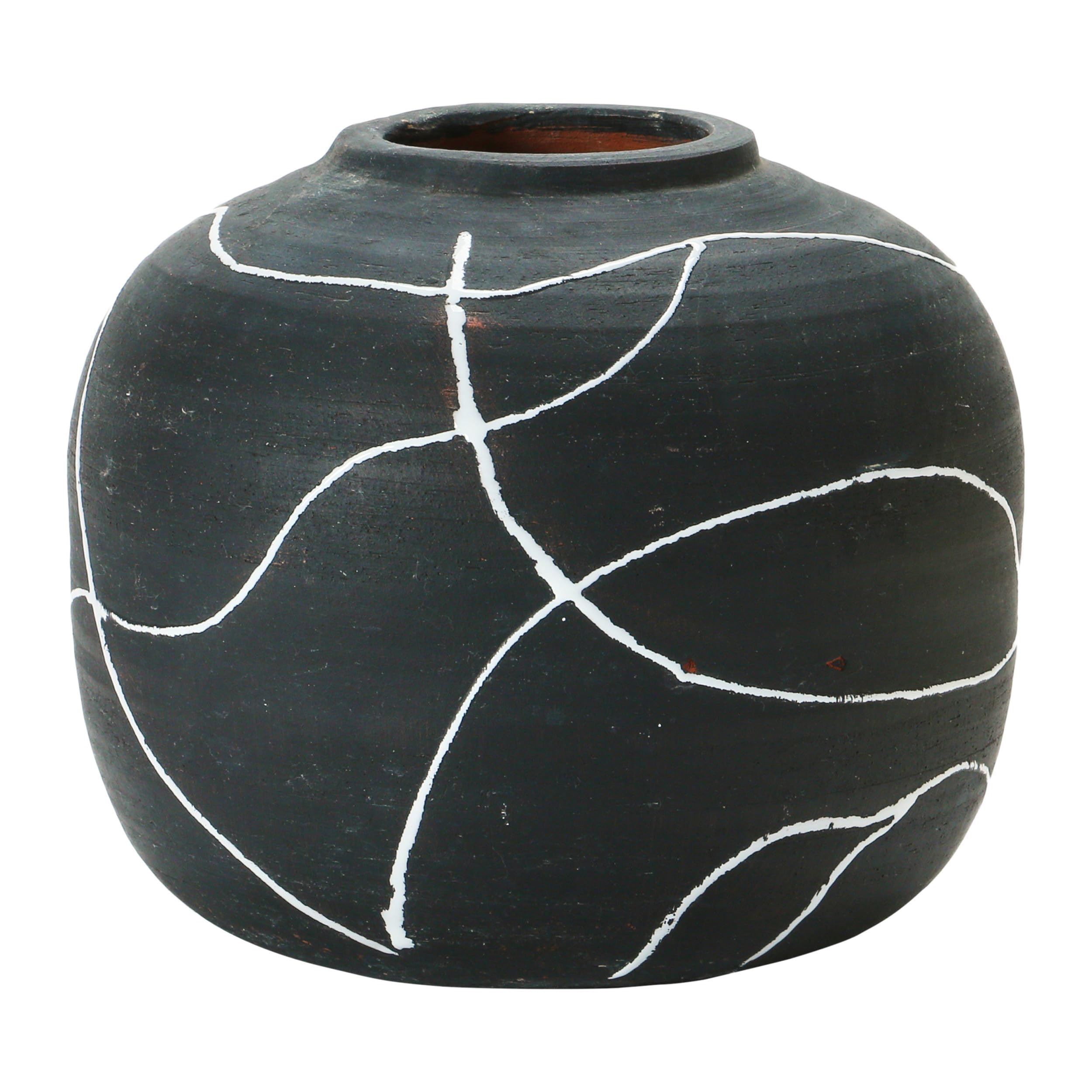 Creative Co-OpRound Decorative Terra-Cotta Vase with Hand-Painted Intersecting Lines, Black and White