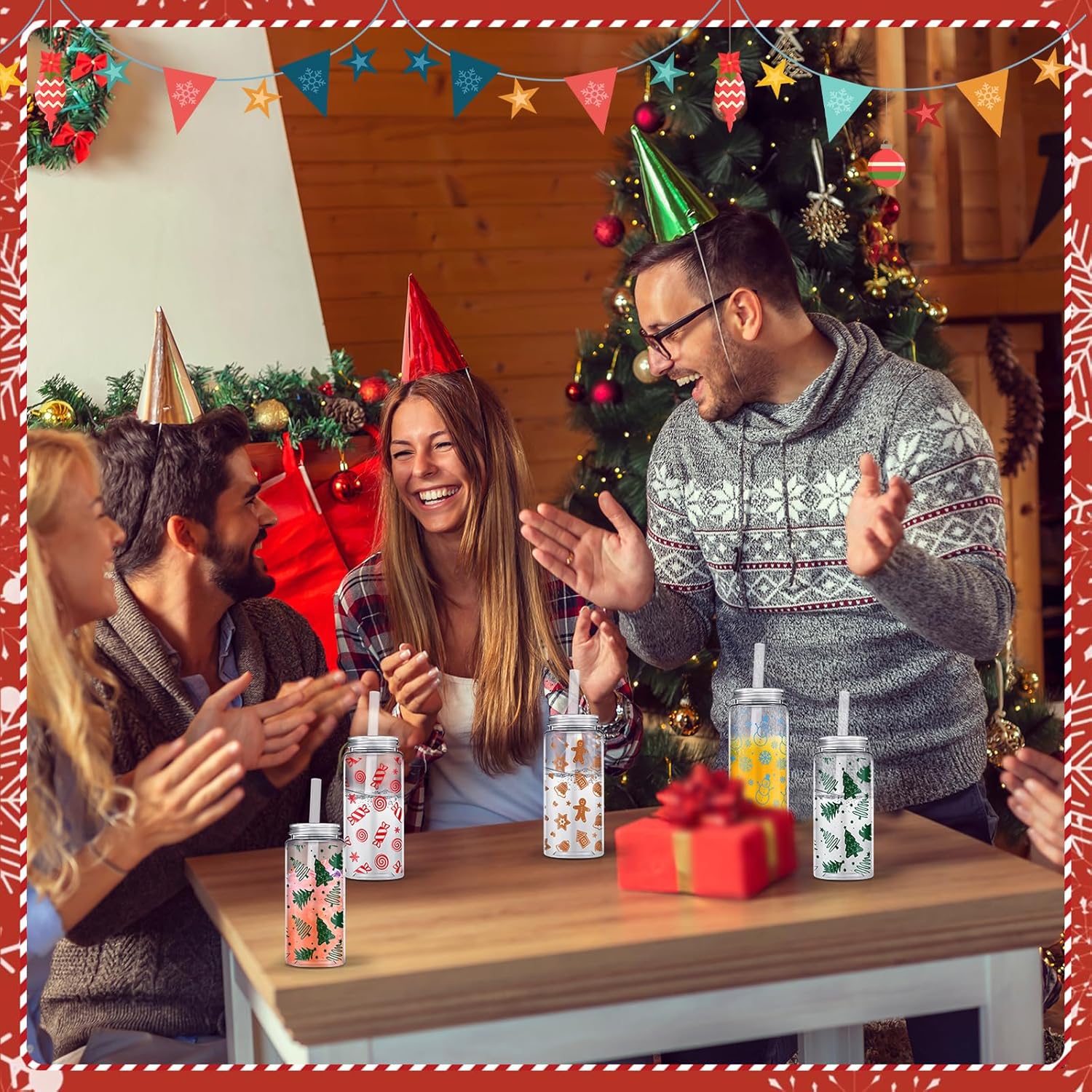 Layhit 20 Pcs Christmas Reusable Cups Bulk 13.5 oz Plastic Mason Jar Drinking Holiday Cups with Lid and Straw Coffee Tea Hot Cocoa Beverage Tumbler for Adults Xmas Party(Novel) - Image 7