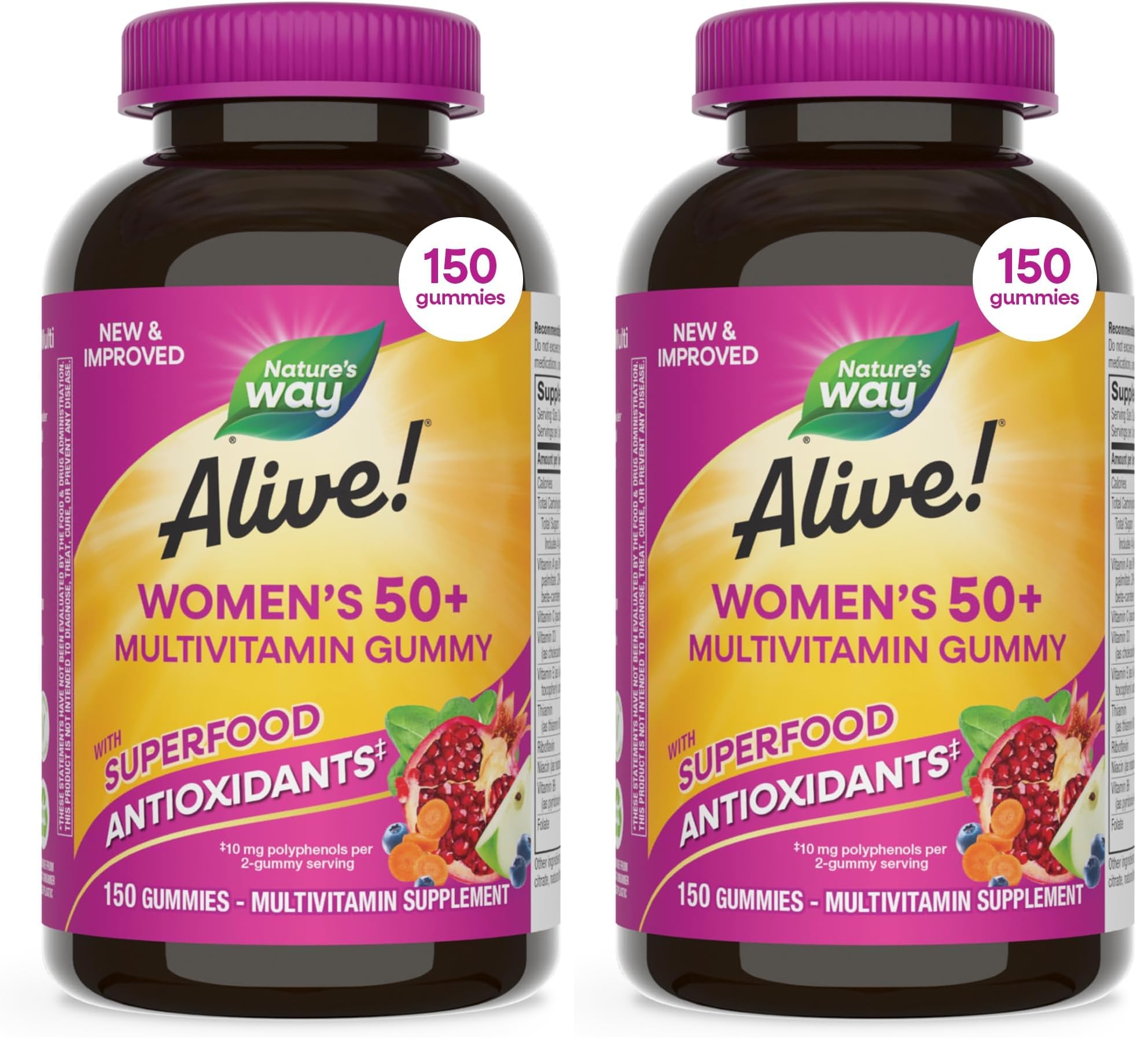 Nature's Way Alive! Women's 50+ Daily Gummy Multivitamins, Women's Supplements, Supports Healthy Heart, Brain & Bones,* B-Vitamins, Mixed Berry Flavored, 150 Gummies (Packaging May Vary), (Pack of 2) 150 Count (Pack of 2)
